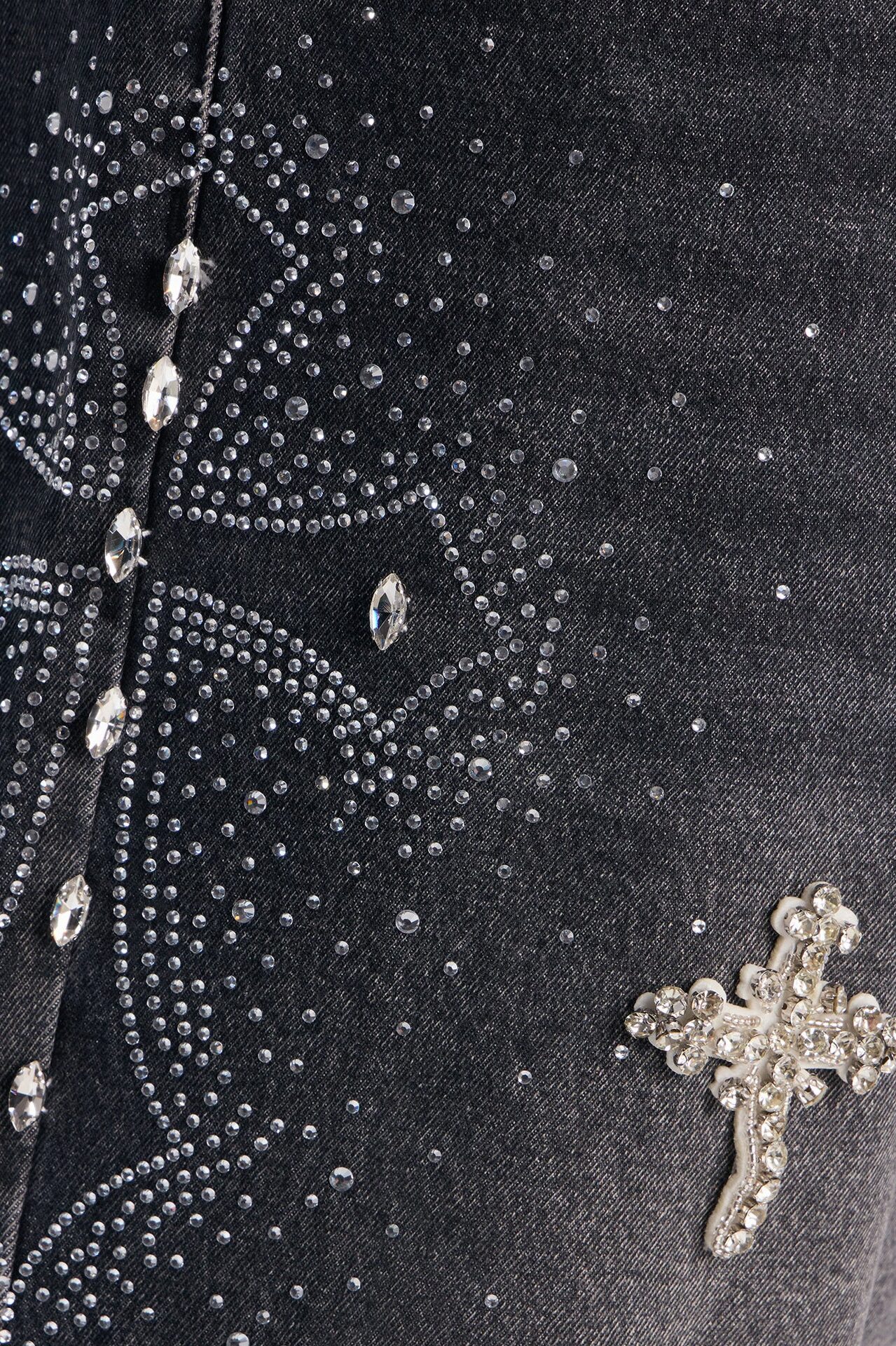 Relaxed Divine Jeweled Cross Denim Short - Black Wash