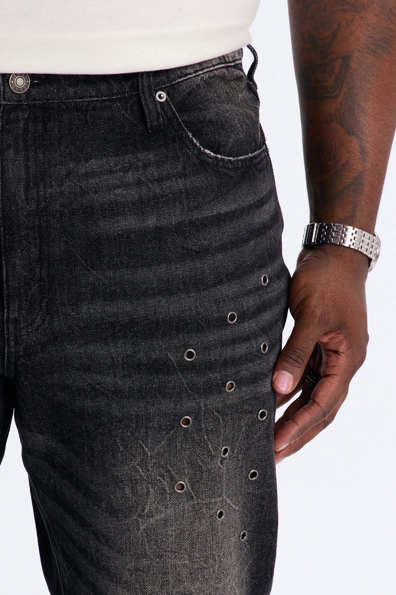 Stacked Slim Flare Looking Out Distressed Grommet Jean - Black Wash