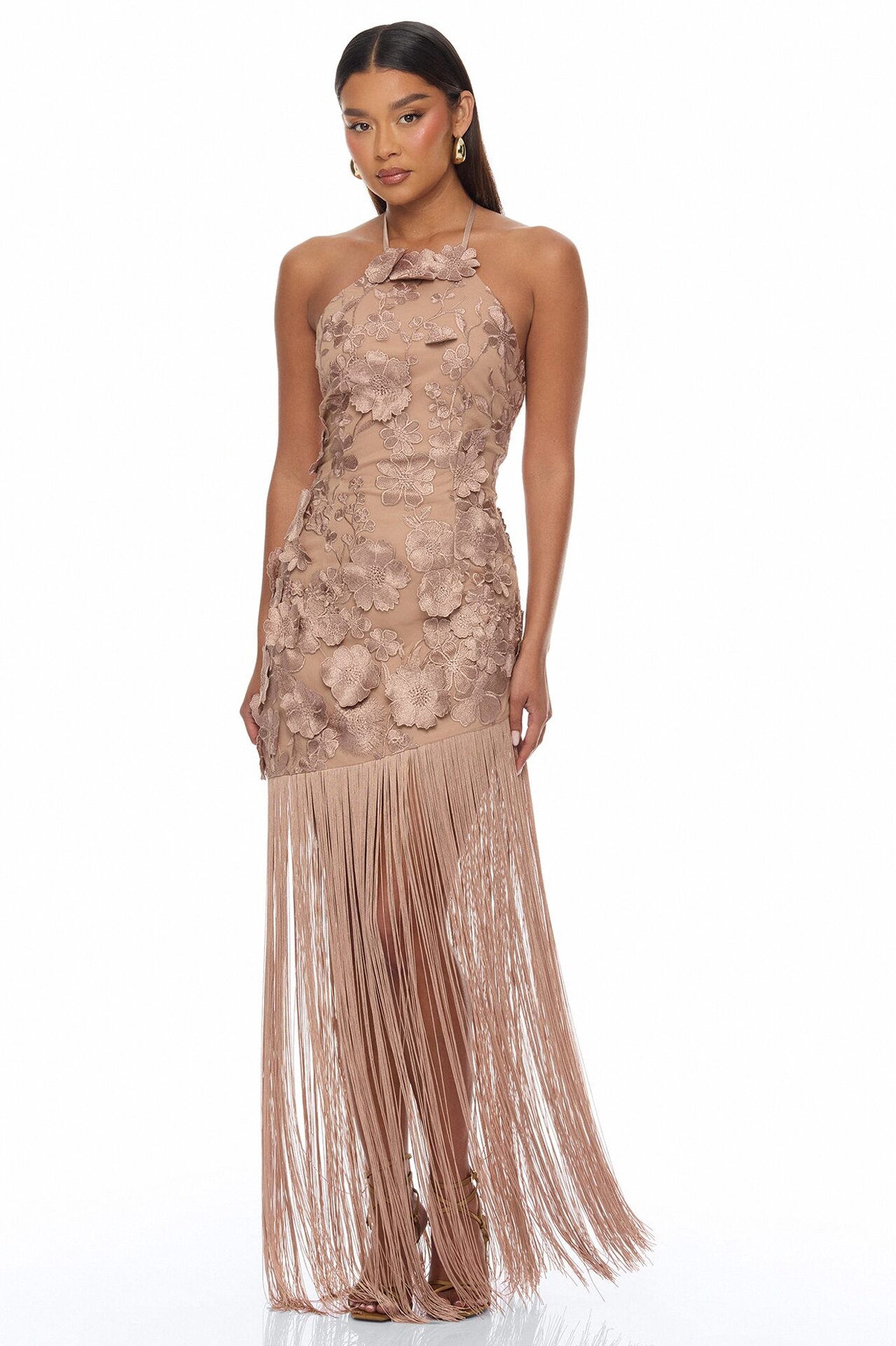 Nicole Embroidered Fringe Maxi Dress - Mocha