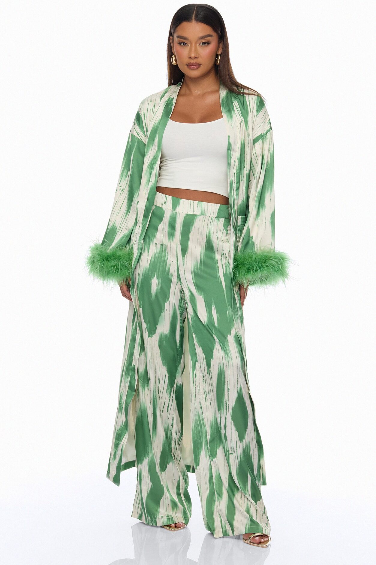 Freya Feathered Satin Kimono Pant 2 Piece Set - Green/combo