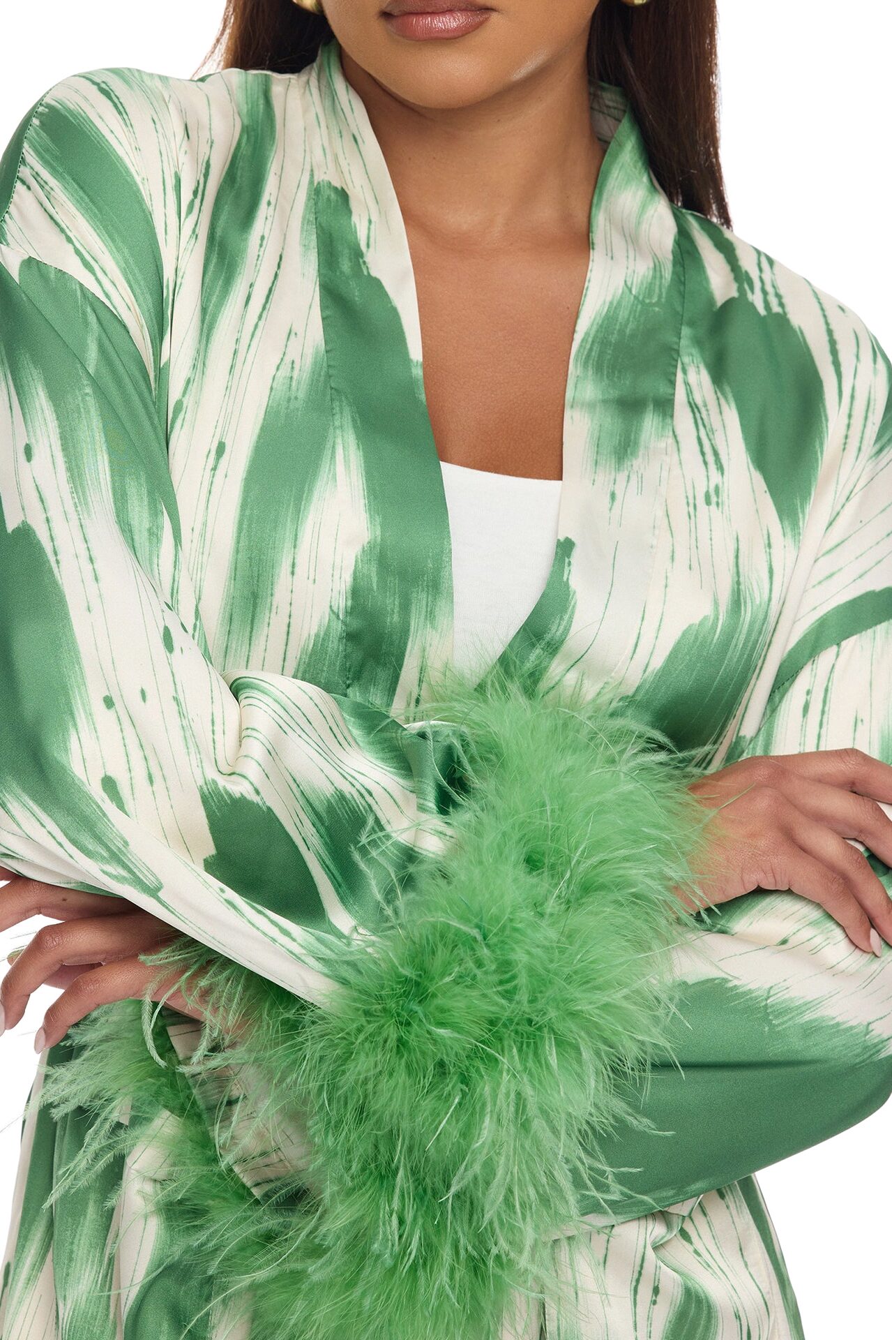 Freya Feathered Satin Kimono Pant 2 Piece Set - Green/combo