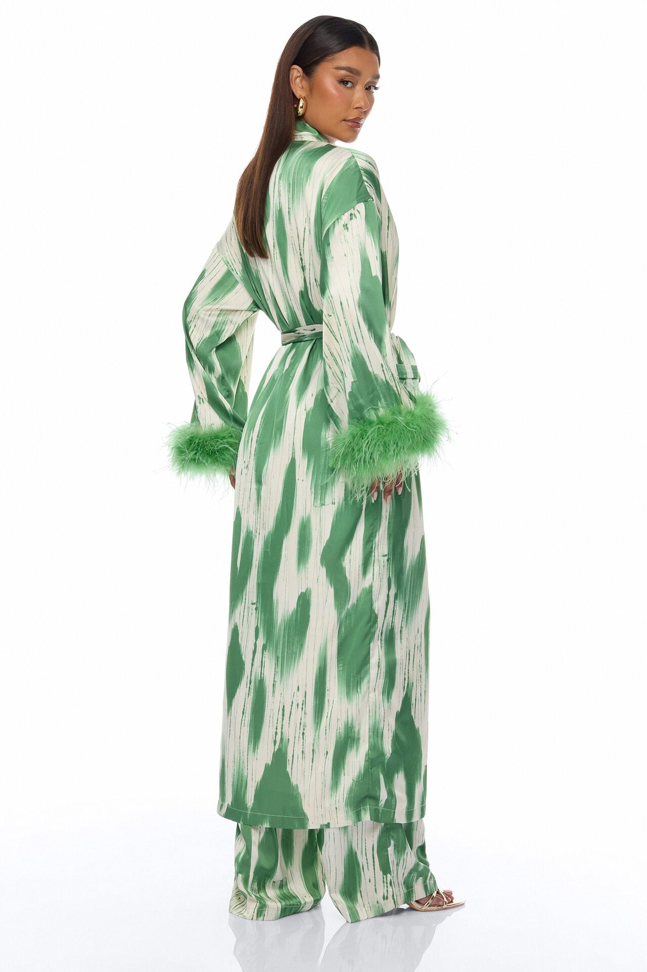 Freya Feathered Satin Kimono Pant 2 Piece Set - Green/combo