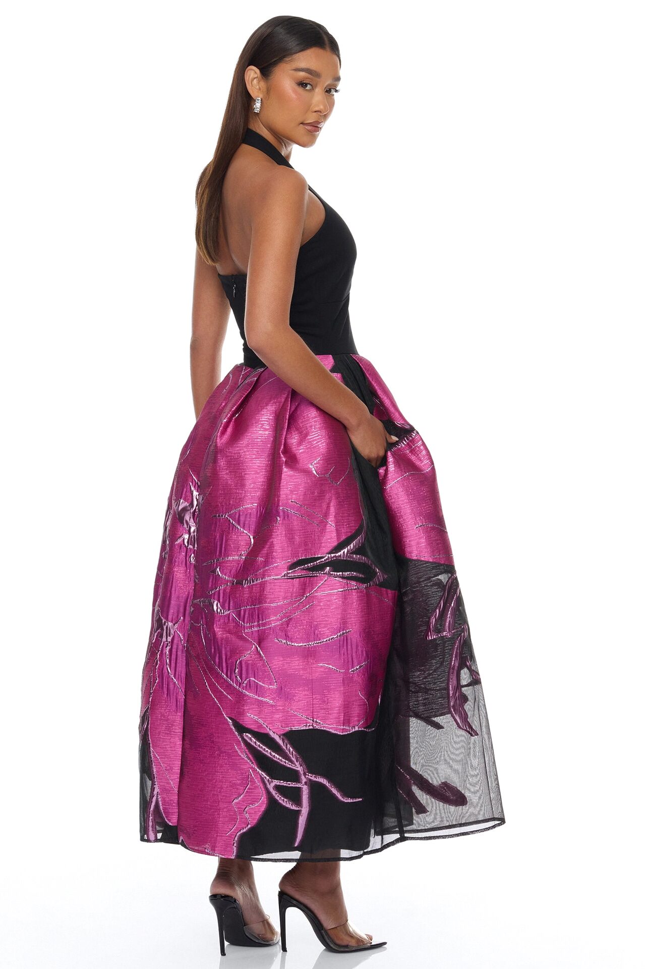 Tea Party Halter Jacquard Maxi Dress - Magenta/combo