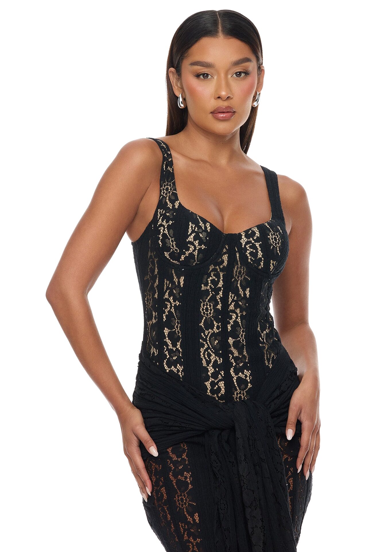 Martina Draped Lace Maxi Dress - Black