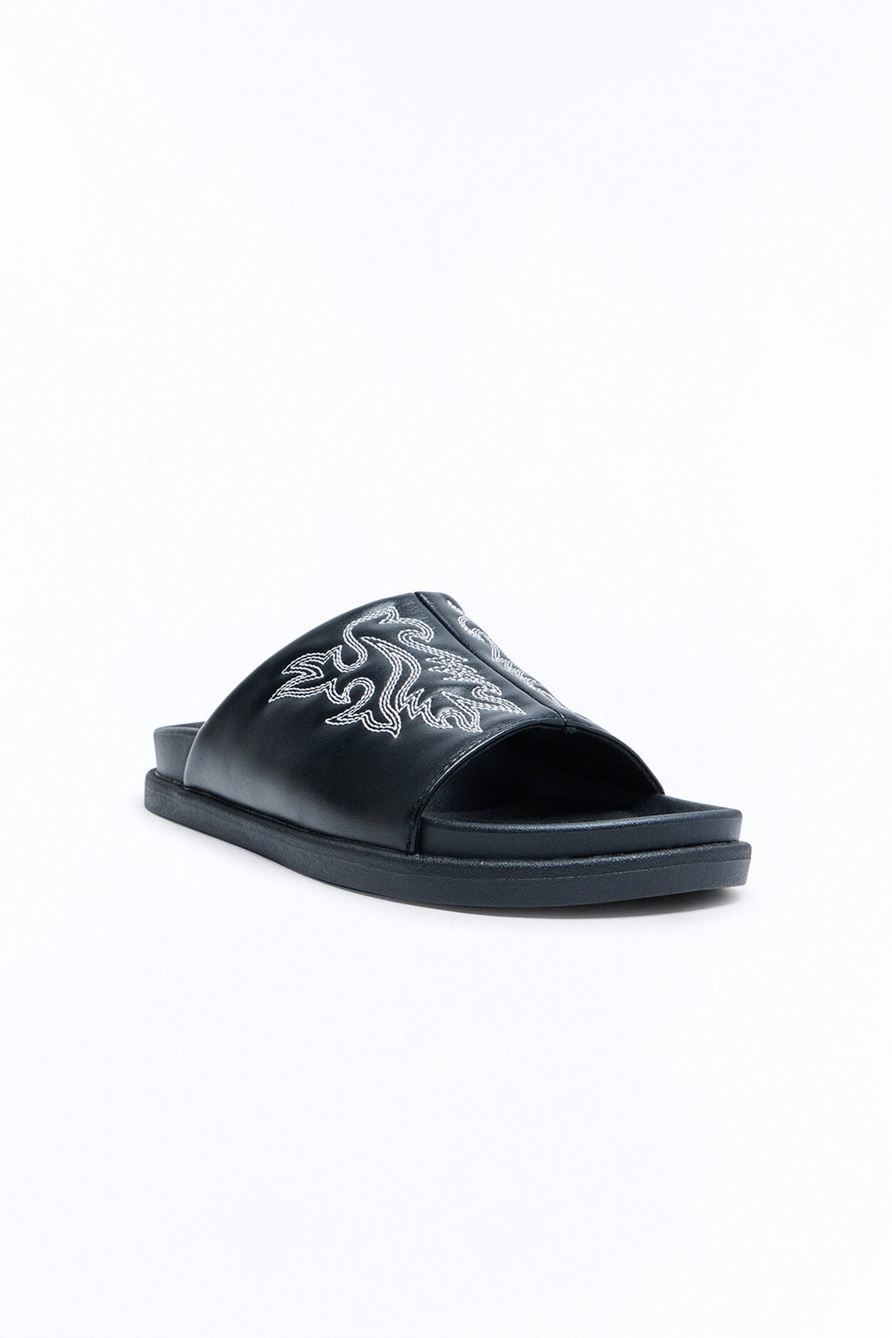 Contrast Stitch Embroidered Faux Leather Slip On Slide - Black