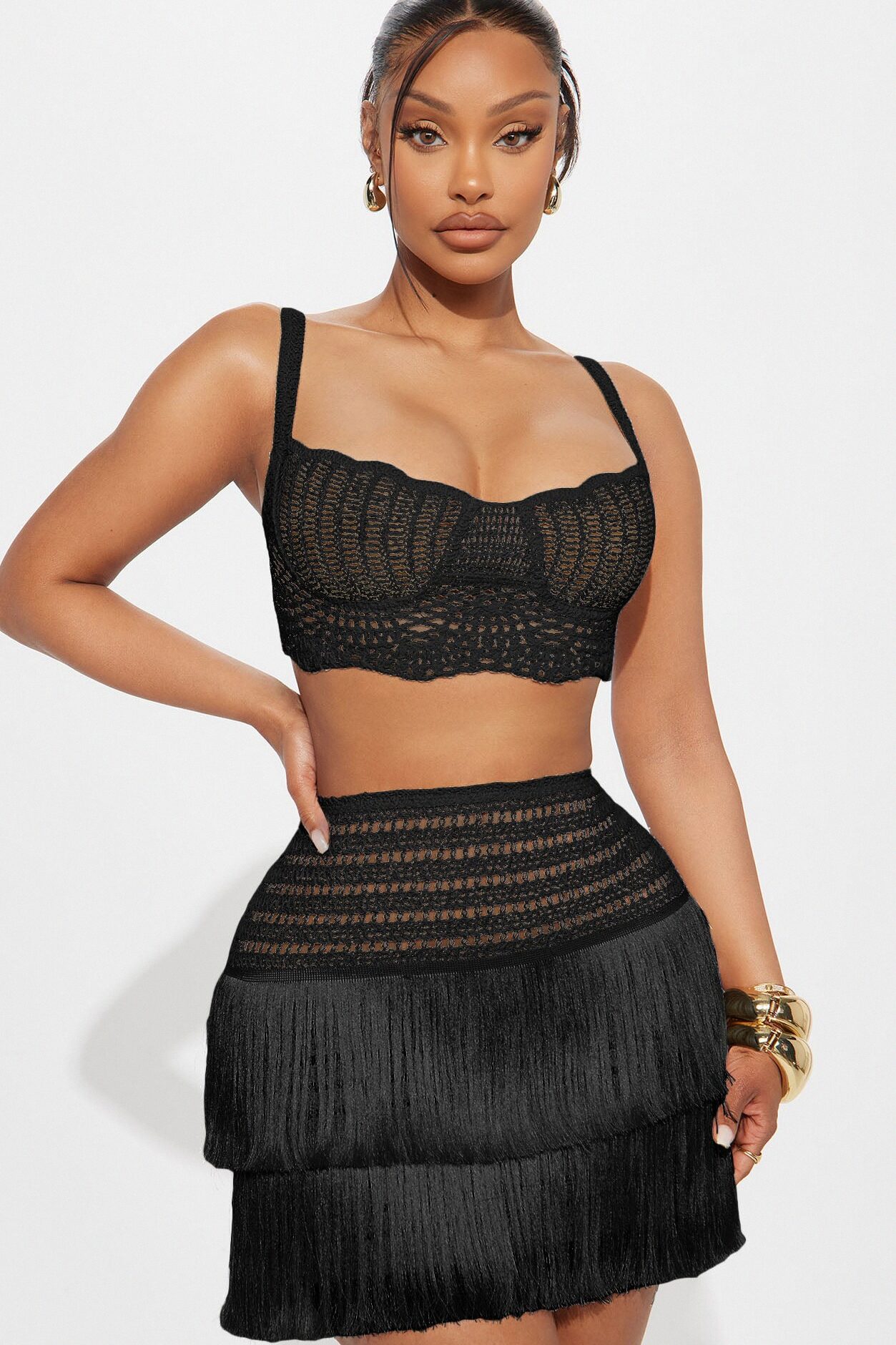 Coastal Crush Crochet Fringe Mini Skirt Set - Black