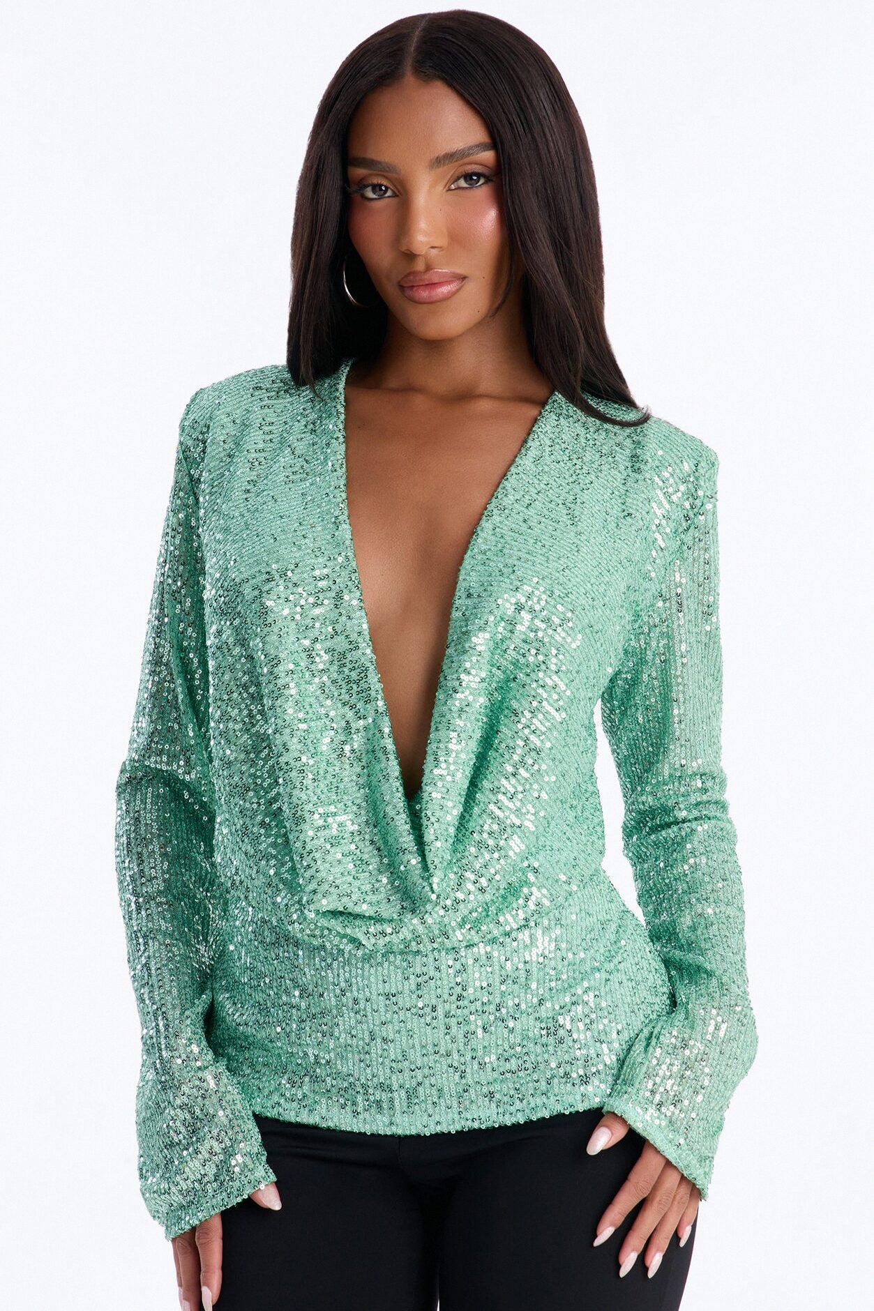 Sara Sequin Cowl Neck Shoulder Pad Long Sleeve Top - Sage