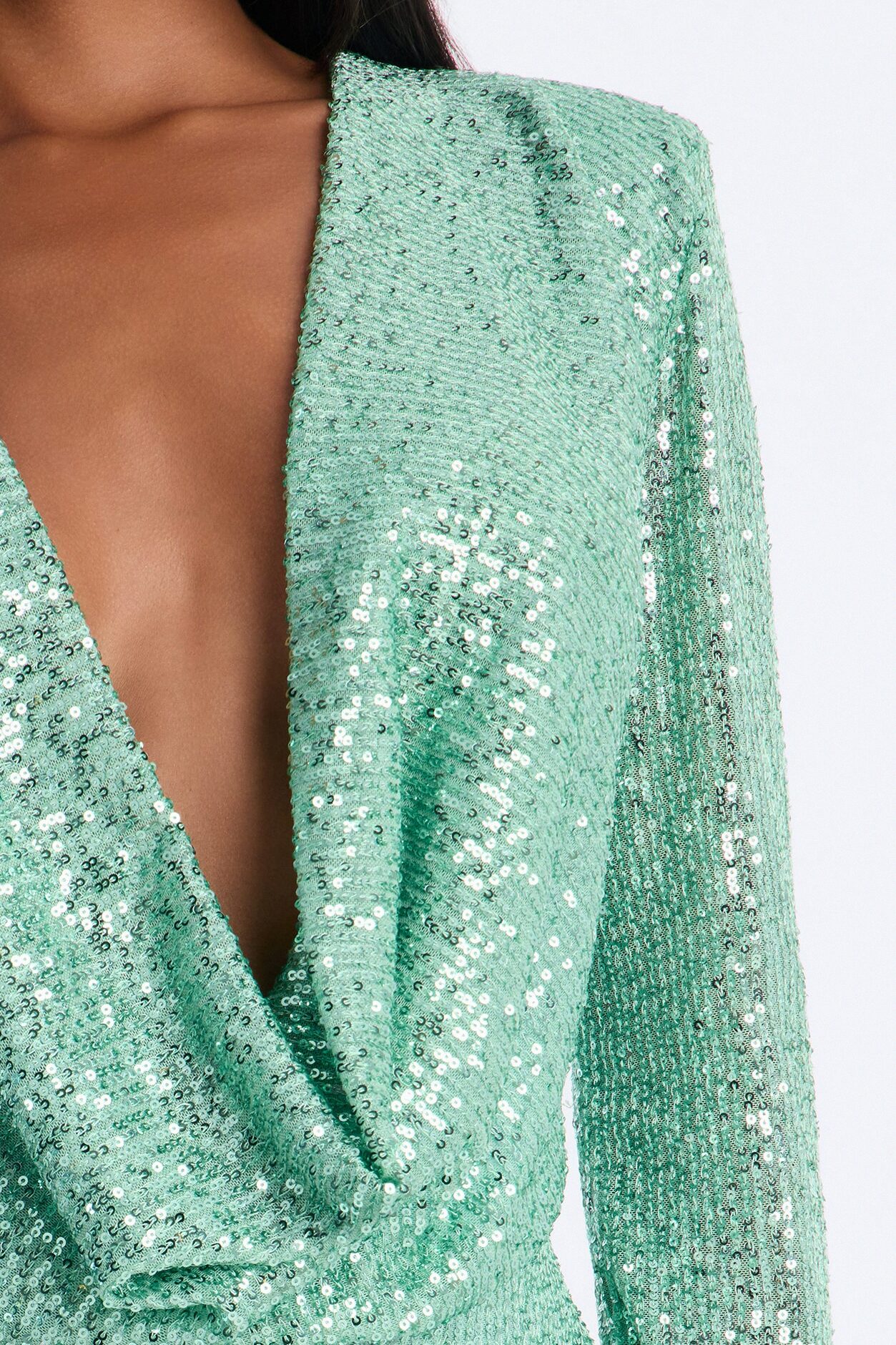 Sara Sequin Cowl Neck Shoulder Pad Long Sleeve Top - Sage