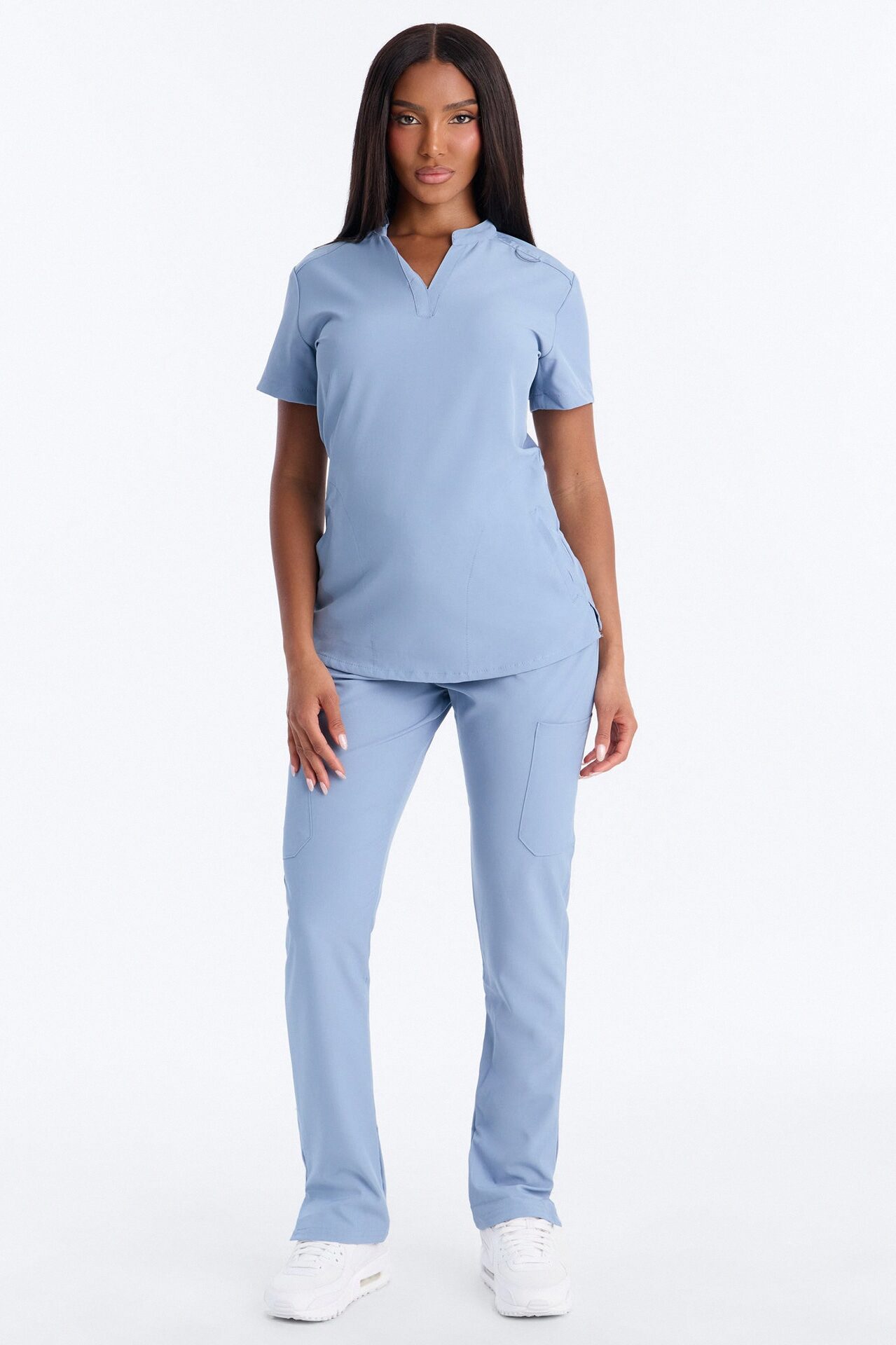 It's Go Time Collared Open Leg Uniform Scrub Set - Dusty Blue