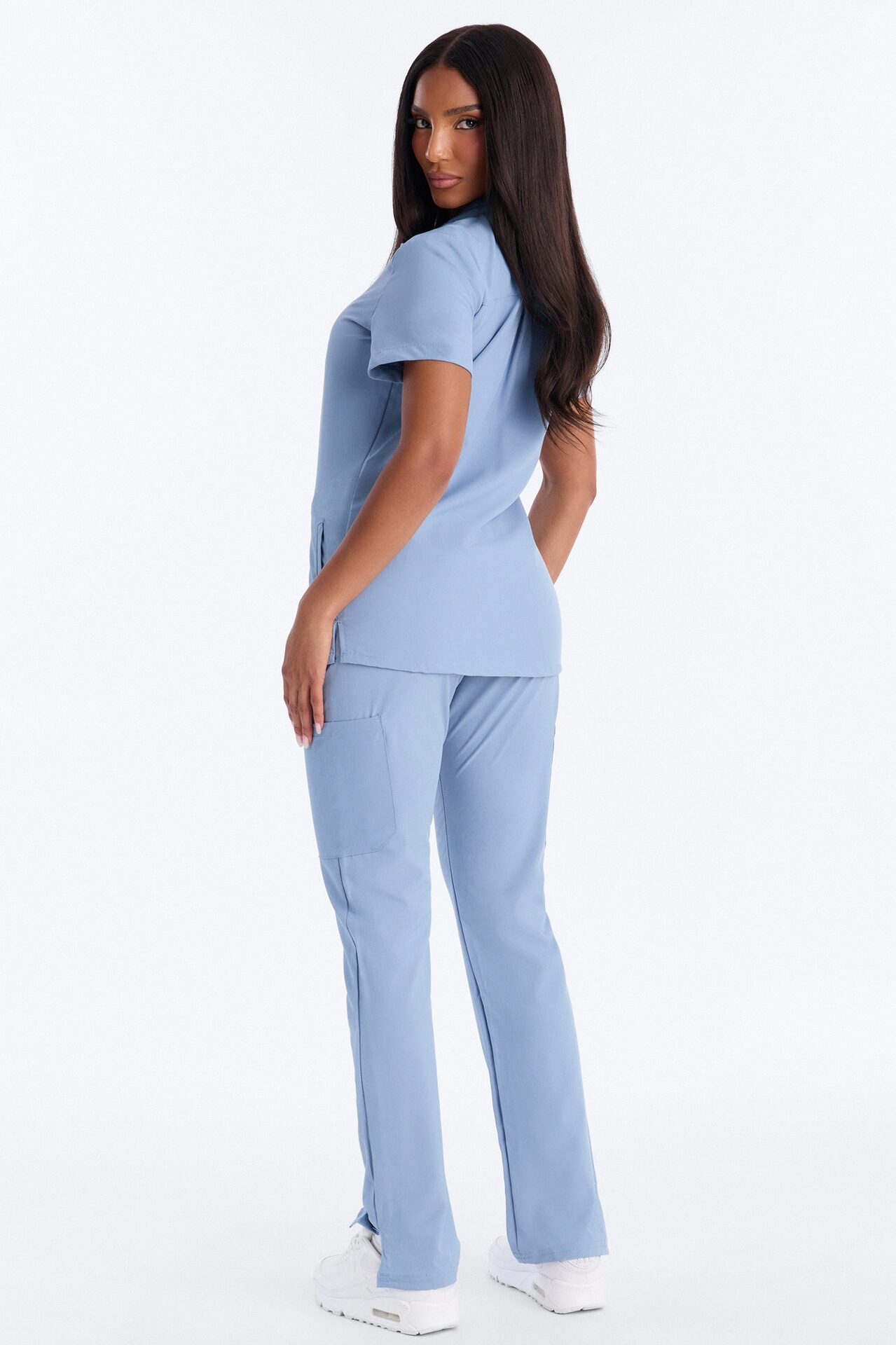 It's Go Time Collared Open Leg Uniform Scrub Set - Dusty Blue