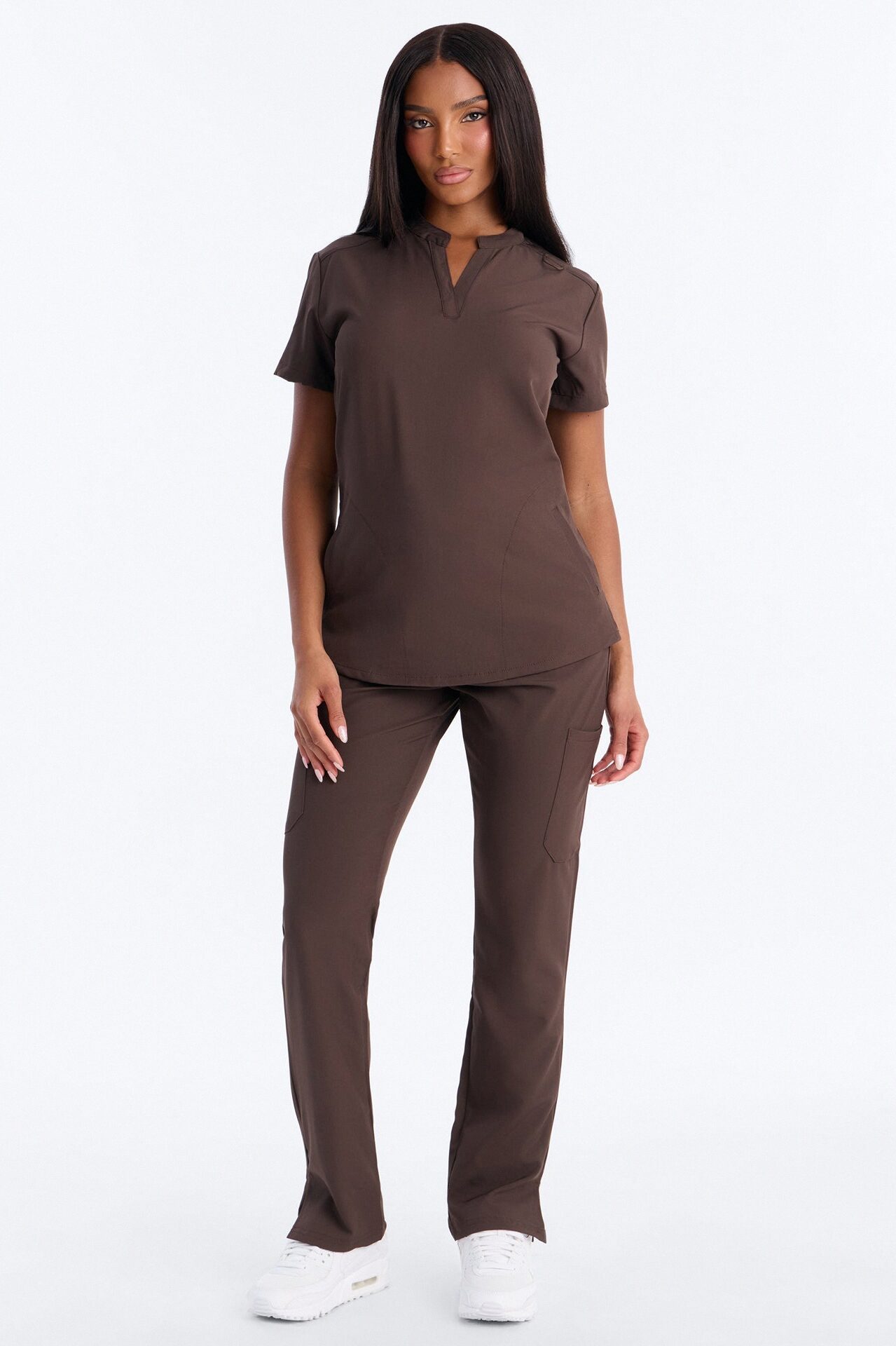It's Go Time Collared Open Leg Uniform Scrub Set - Chocolate