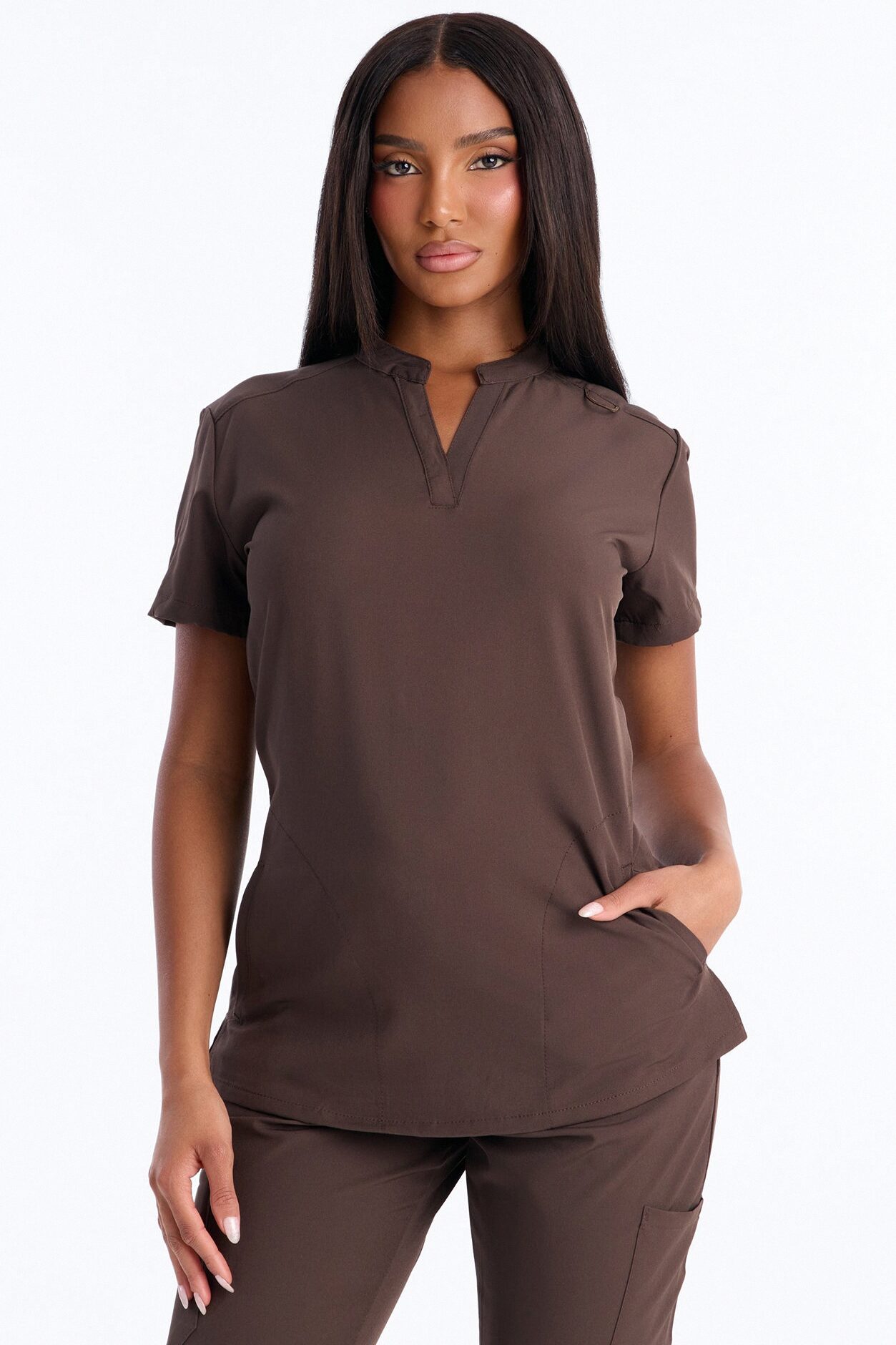 It's Go Time Collared Open Leg Uniform Scrub Set - Chocolate