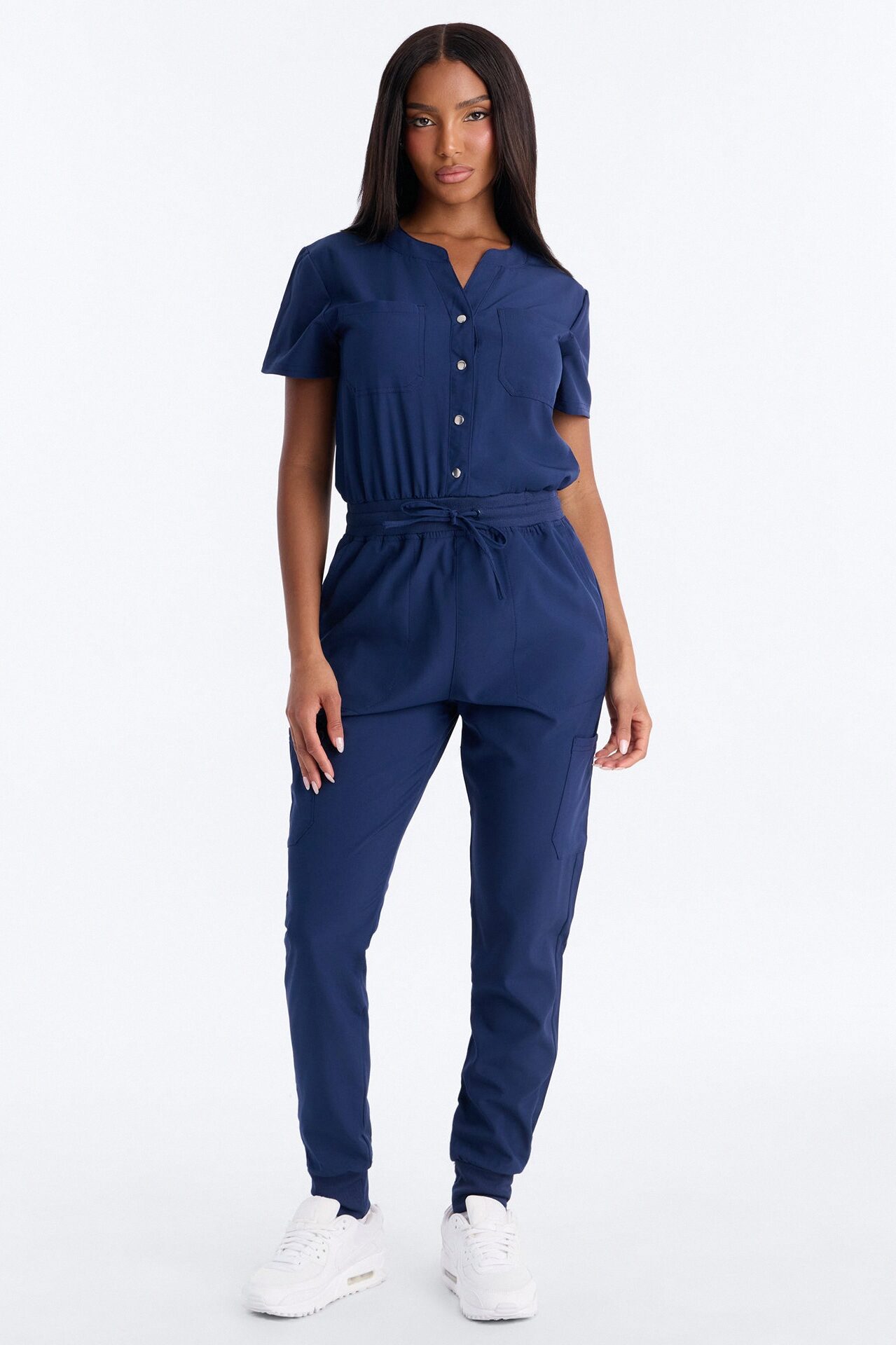 In Unison Uniform Jogger Scrub Jumpsuit With Snaps - Navy