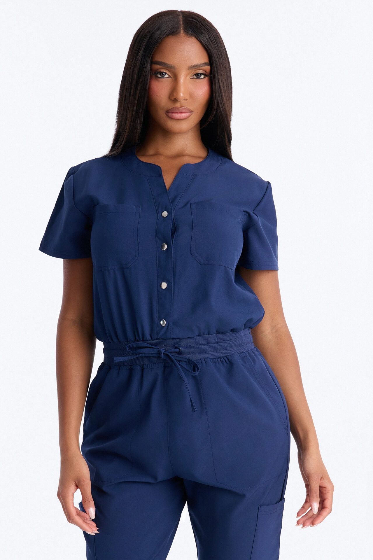 In Unison Uniform Jogger Scrub Jumpsuit With Snaps - Navy