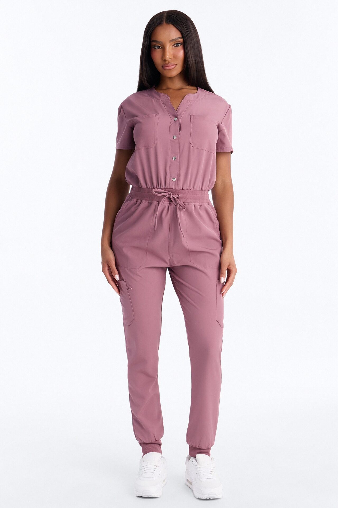 In Unison Uniform Jogger Scrub Jumpsuit With Snaps - Mauve