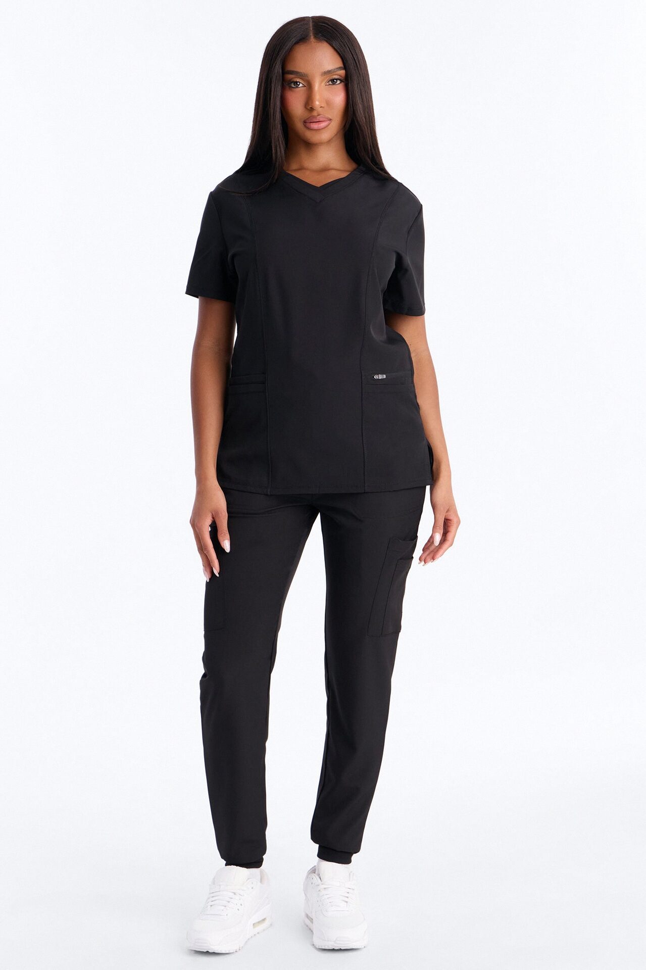 Clinical 4 Way Stretch Pocket Back Knit Jogger Scrub Set - Black