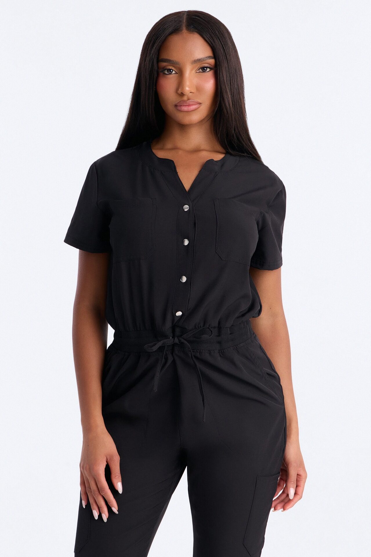 In Unison Uniform Jogger Scrub Jumpsuit With Snaps - Black