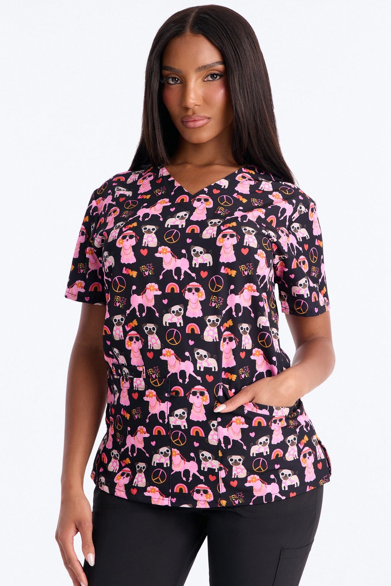 Bright Days 4 Way Stretch Printed Jogger Scrub Set - Black/Pink