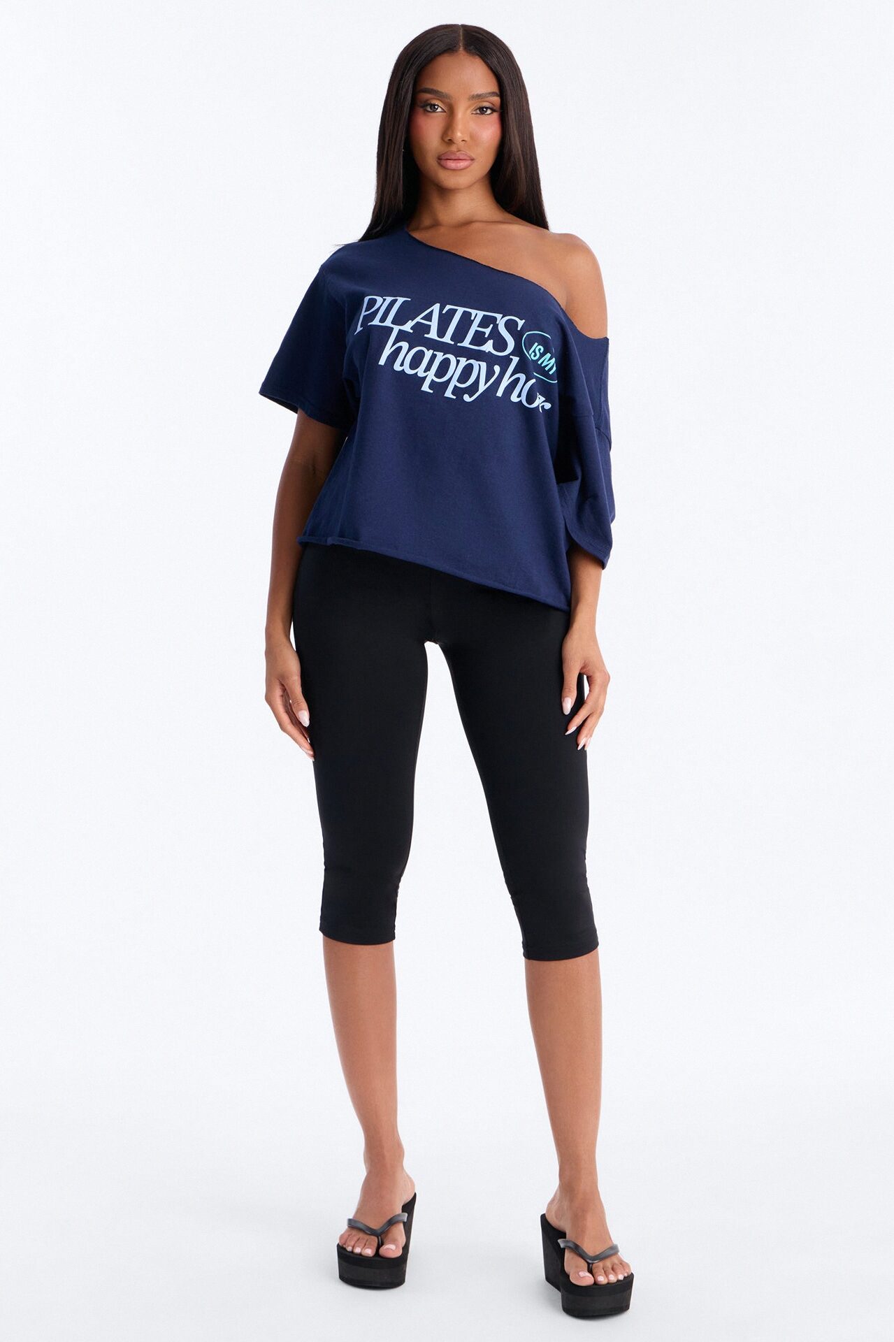 Pilates Is My Happy Hour Off Shoulder Tee - Navy