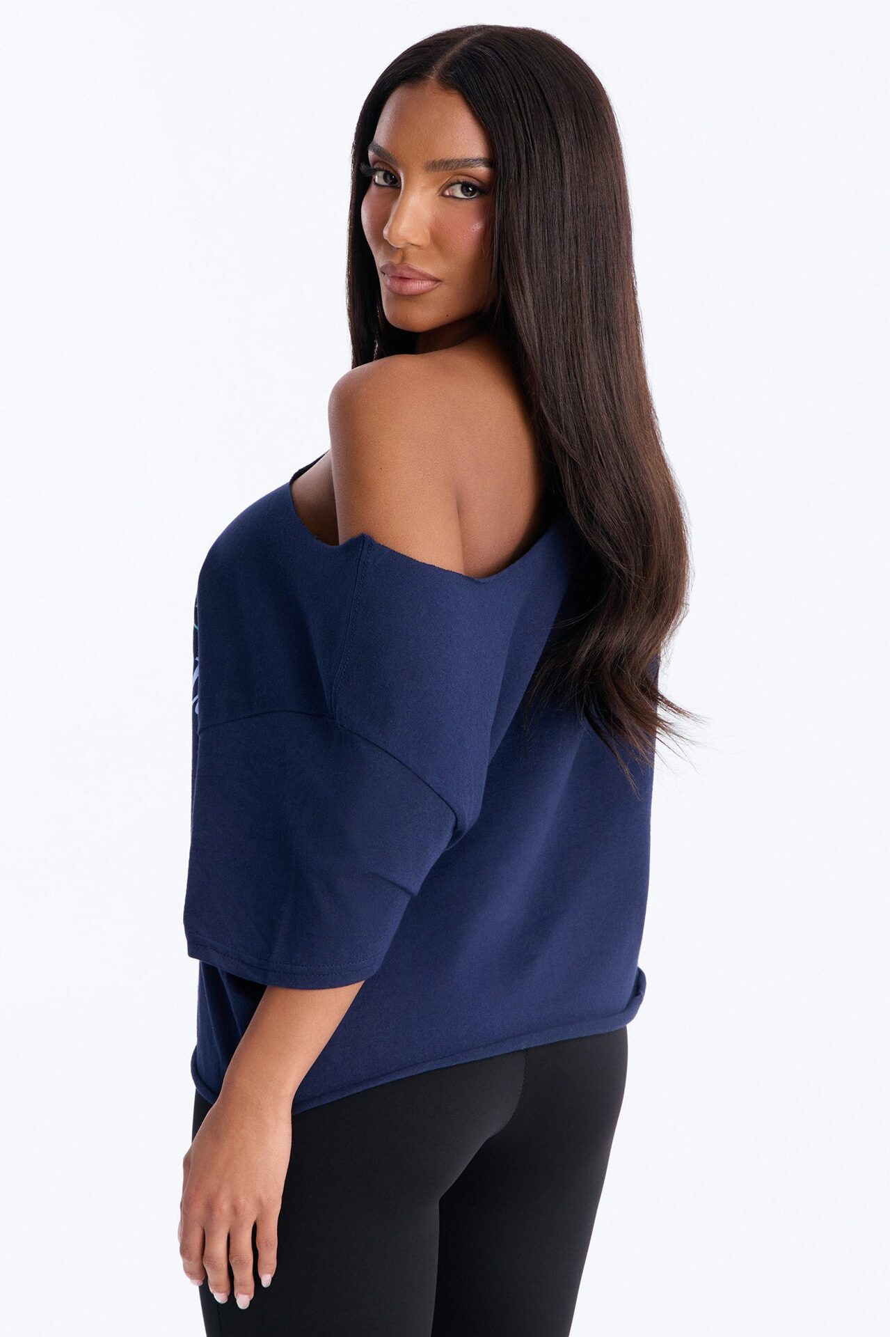 Pilates Is My Happy Hour Off Shoulder Tee - Navy