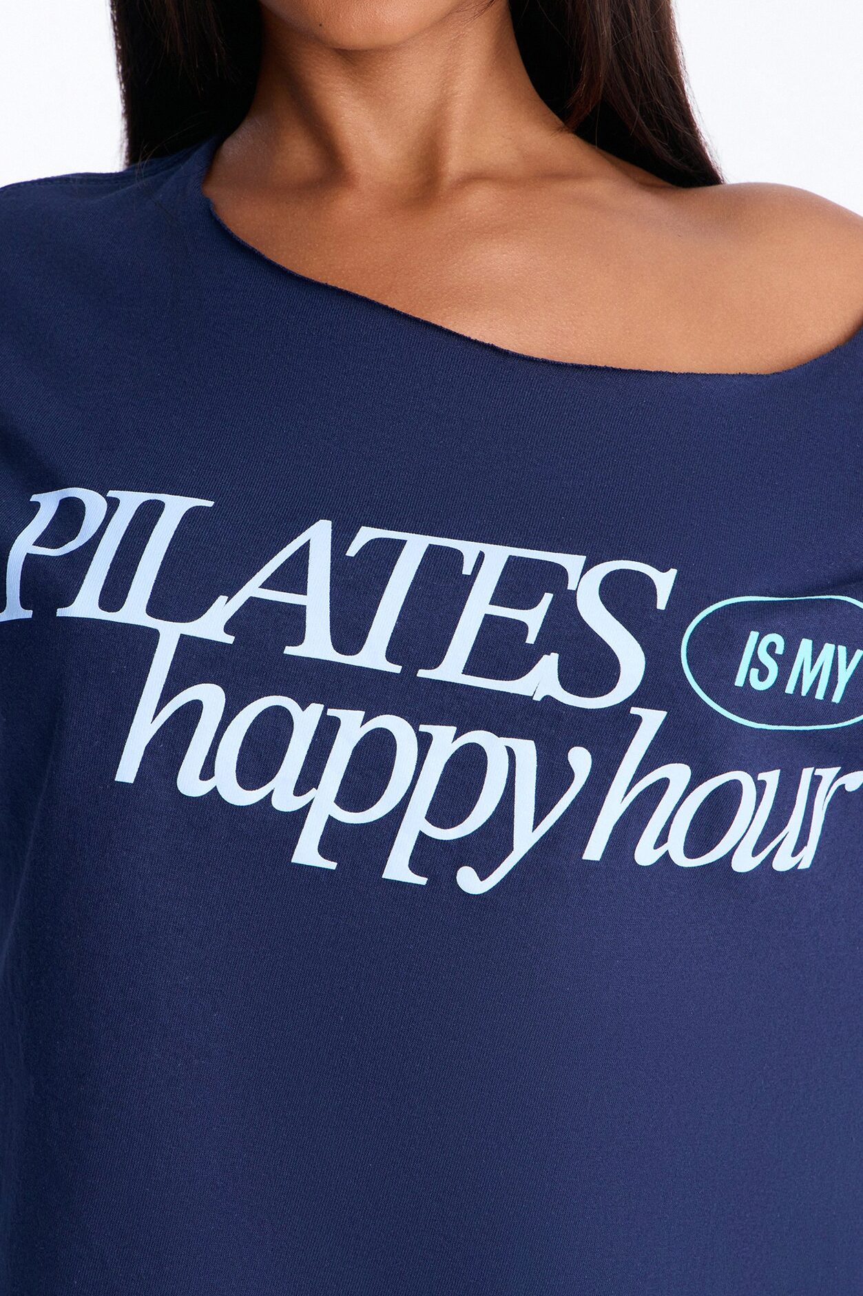 Pilates Is My Happy Hour Off Shoulder Tee - Navy
