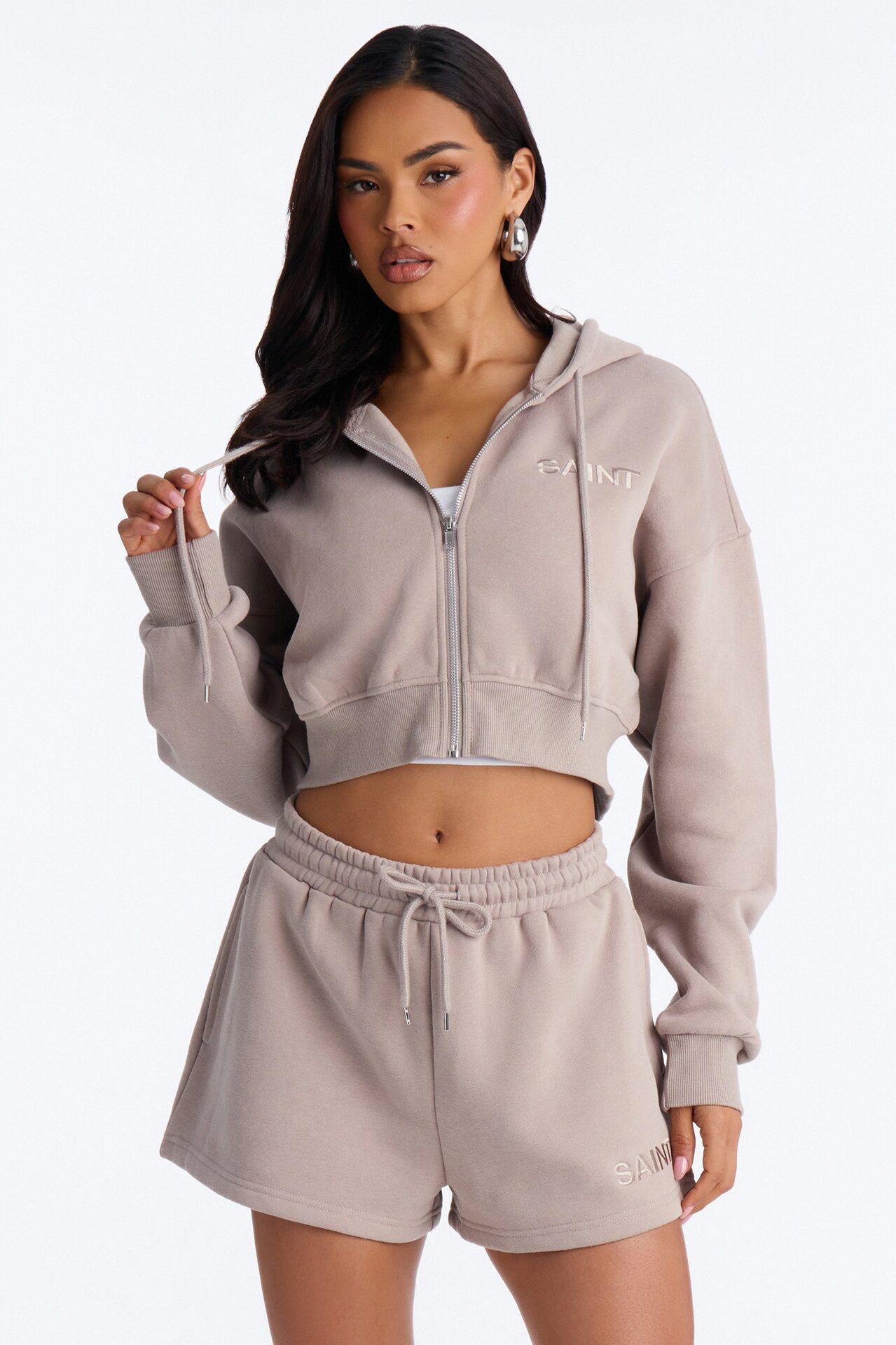 She's A Saint Cropped Fleece Pant Set - Stone