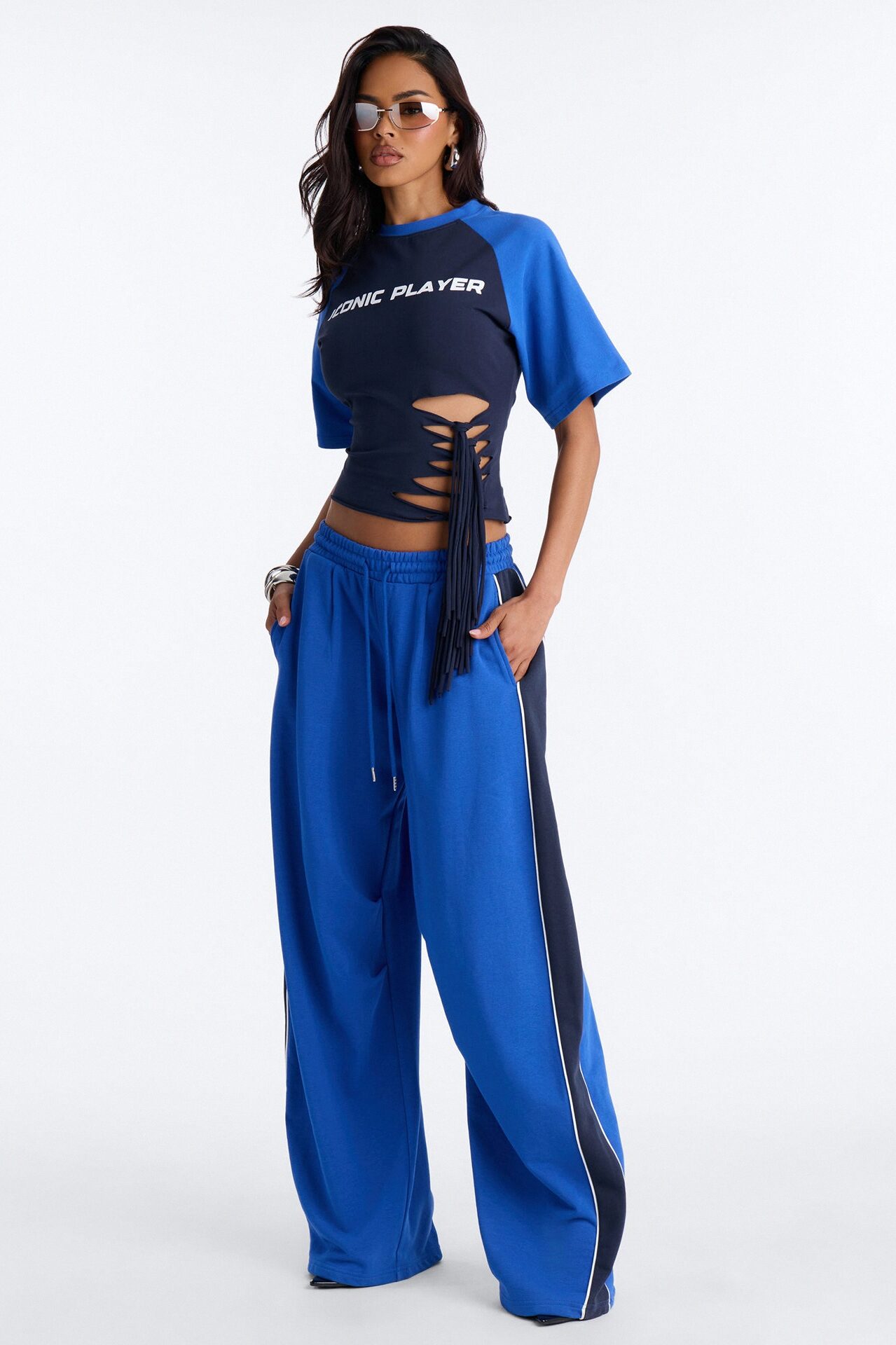 Iconic Player Cut Out Fringed Pant Set - Blue/combo