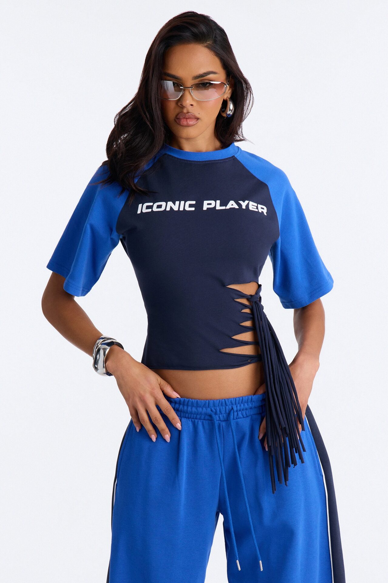 Iconic Player Cut Out Fringed Pant Set - Blue/combo