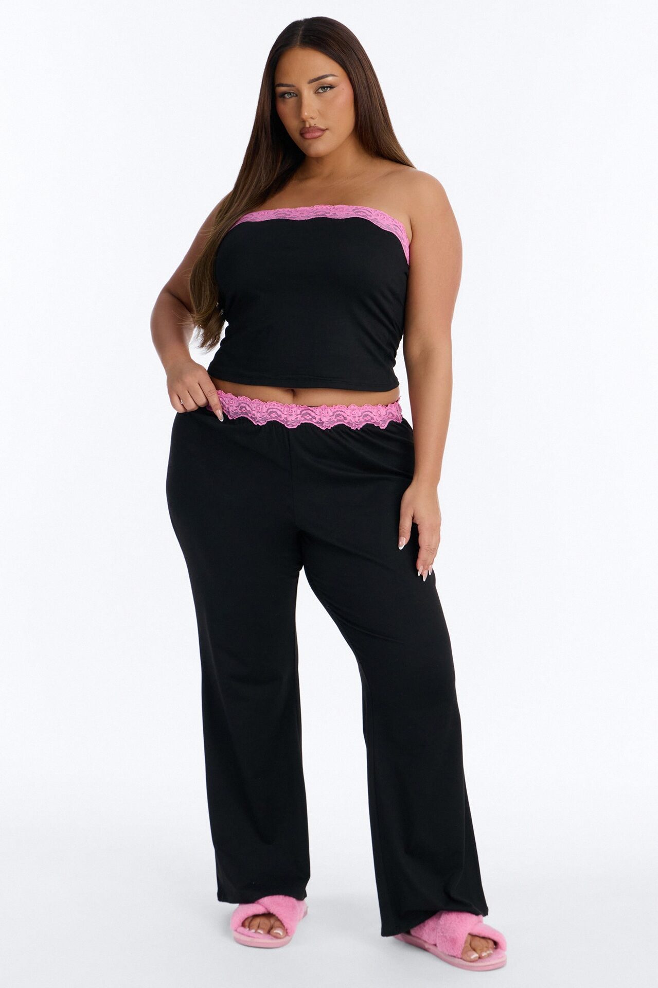 Sleeping Pretty Always Tube Top PJ Flare Pant Set - Black/Pink