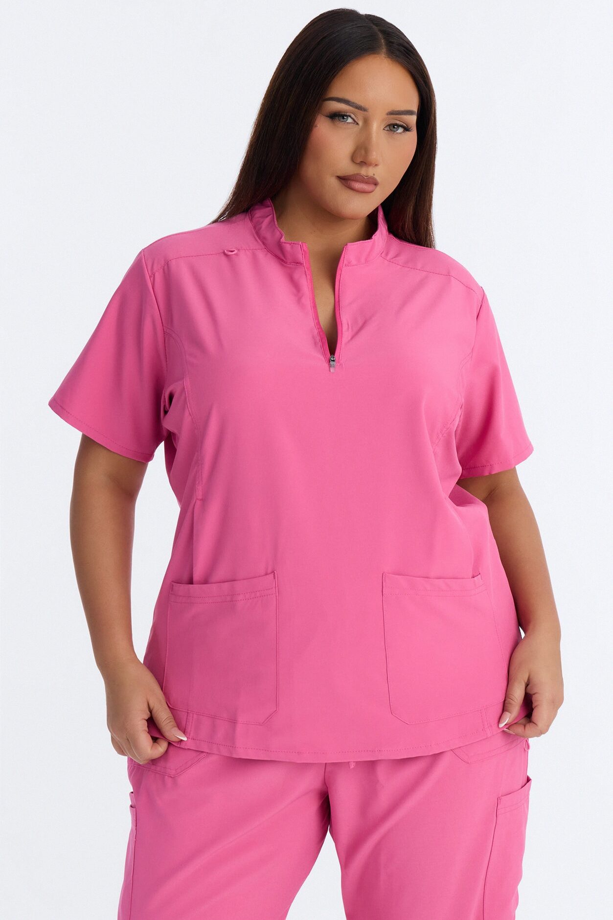 Elite 4 Way Stretch Zip Collar Open Leg Slit Scrub Set - Hot Pink