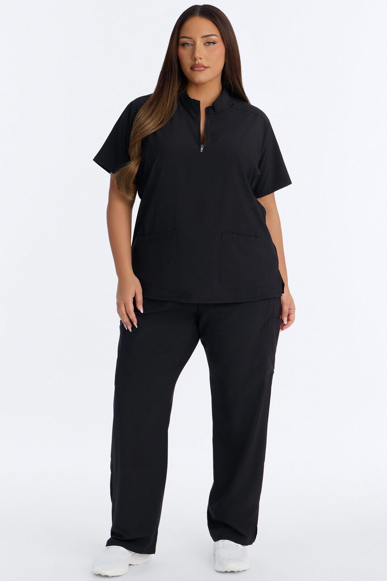 Elite 4 Way Stretch Zip Collar Open Leg Slit Scrub Set - Black