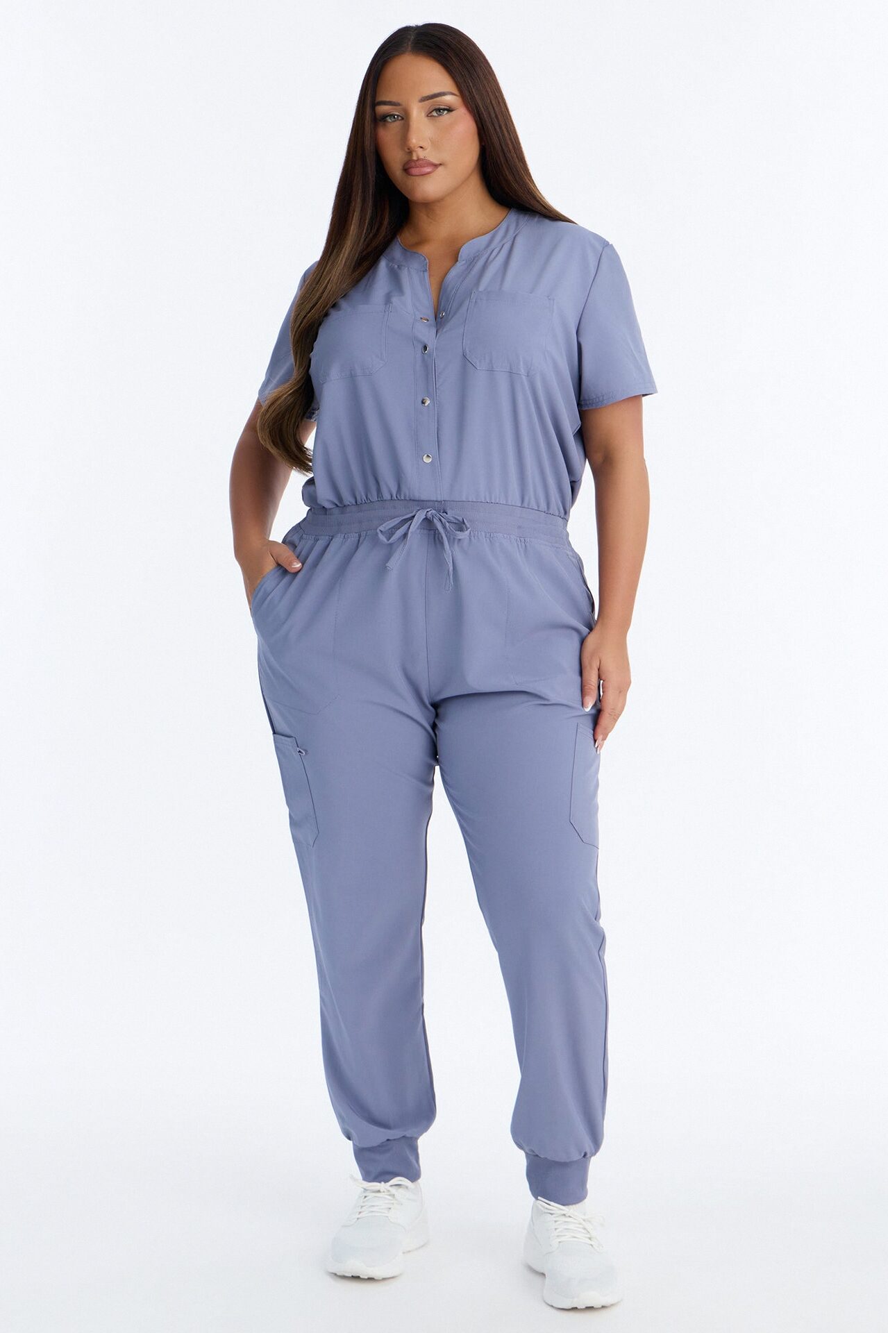 In Unison Uniform Jogger Scrub Jumpsuit With Snaps - Blue