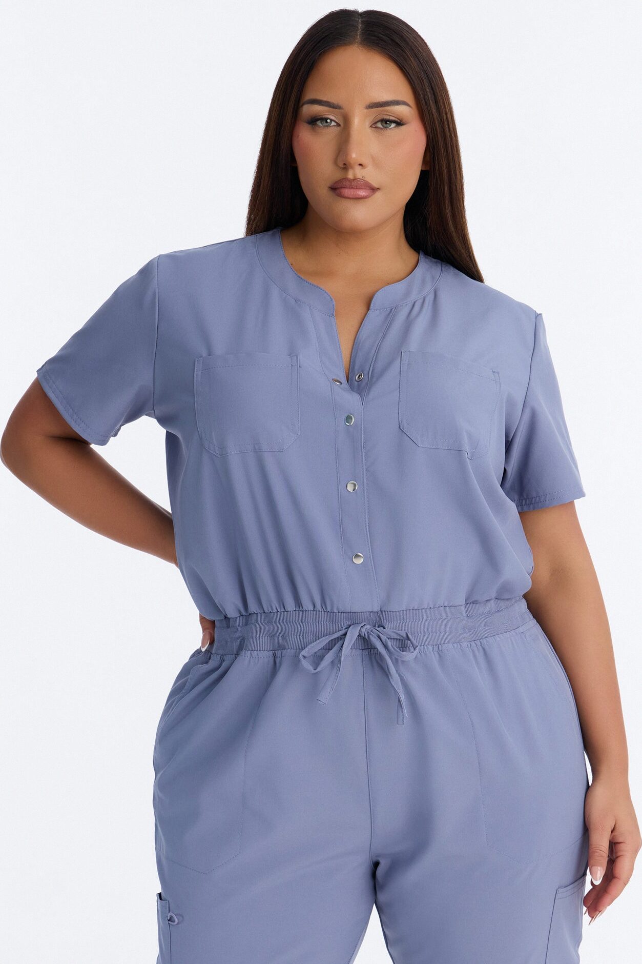 In Unison Uniform Jogger Scrub Jumpsuit With Snaps - Blue