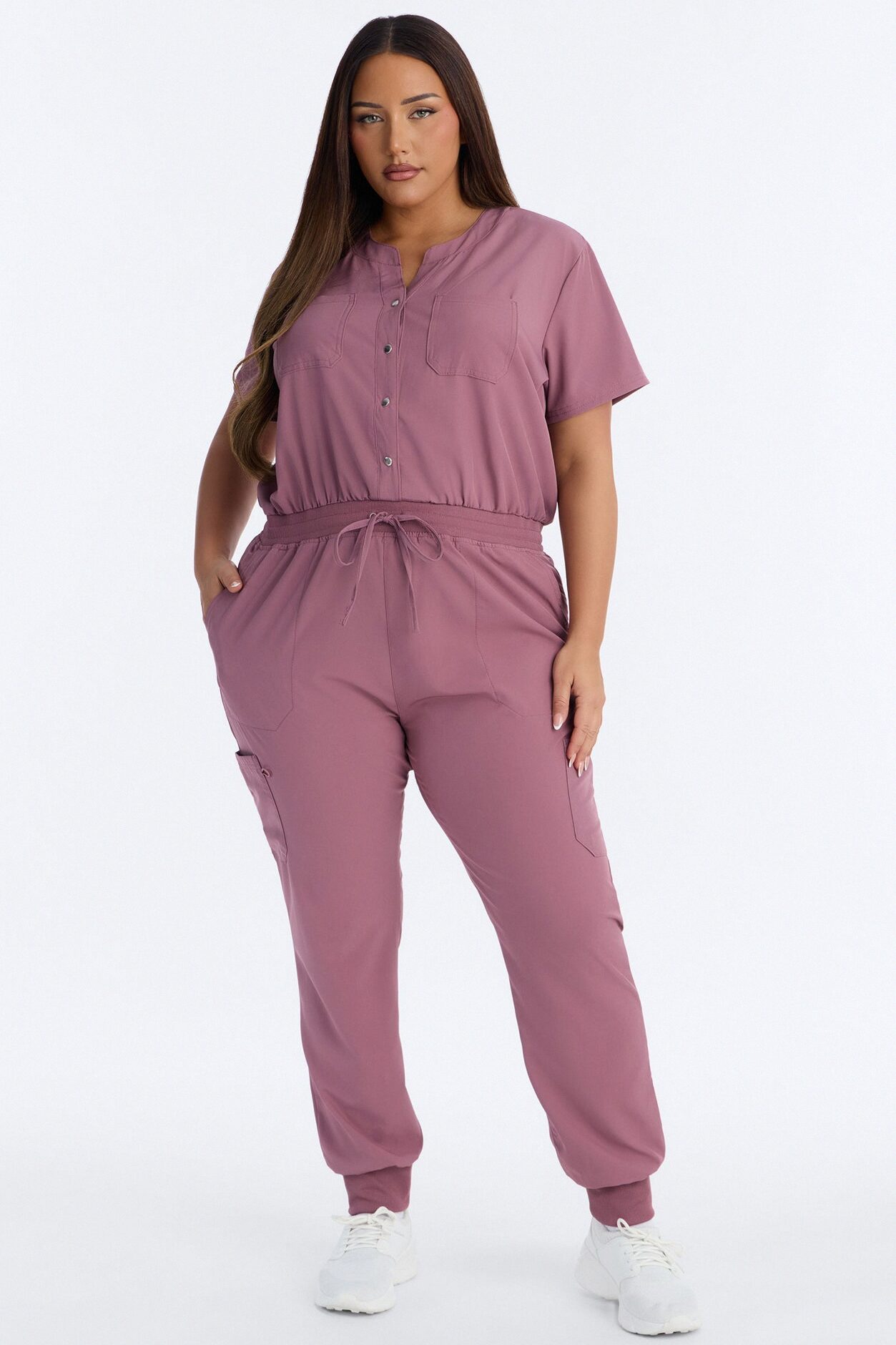 In Unison Uniform Jogger Scrub Jumpsuit With Snaps - Mauve