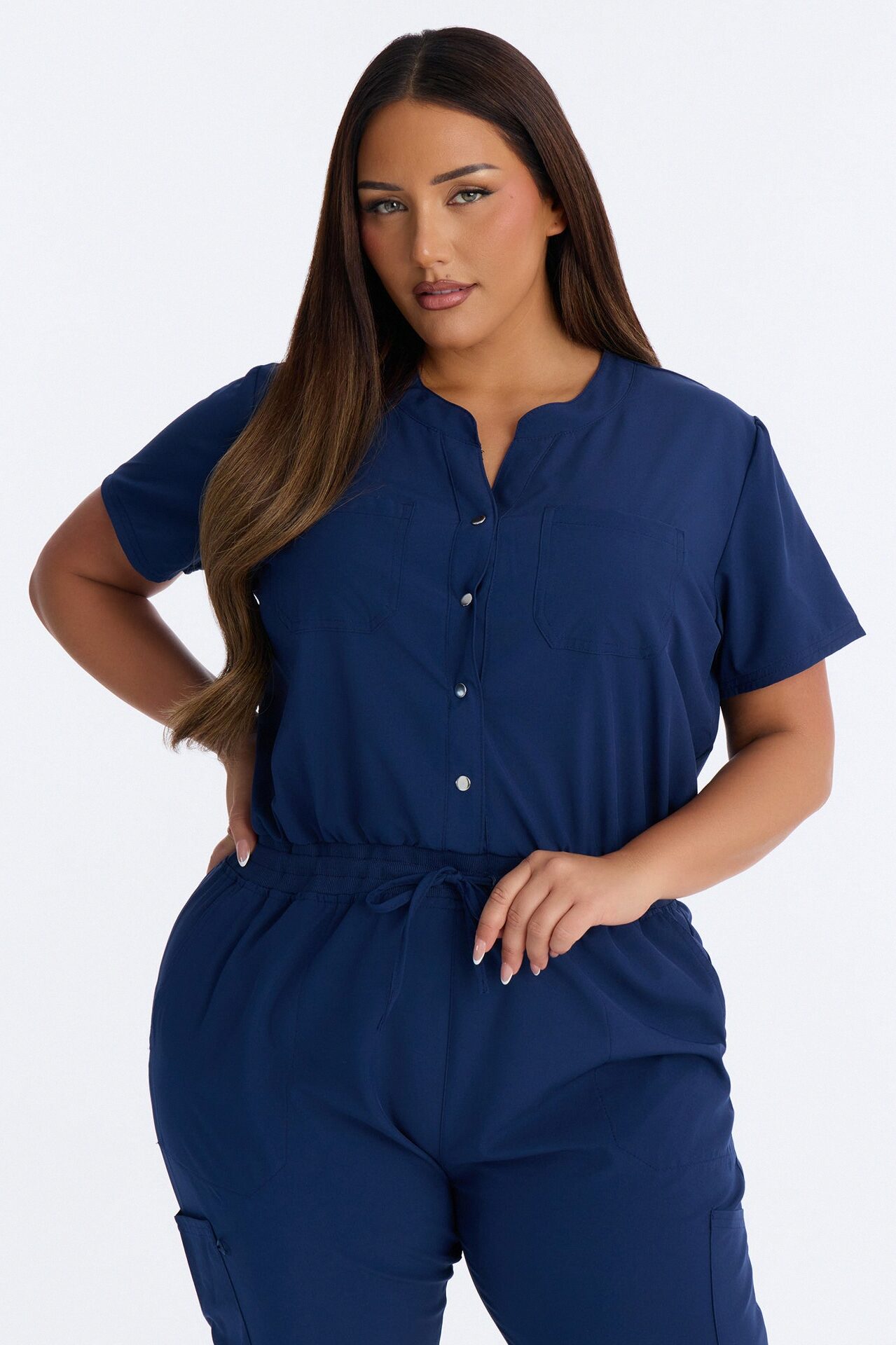 In Unison Uniform Jogger Scrub Jumpsuit With Snaps - Navy
