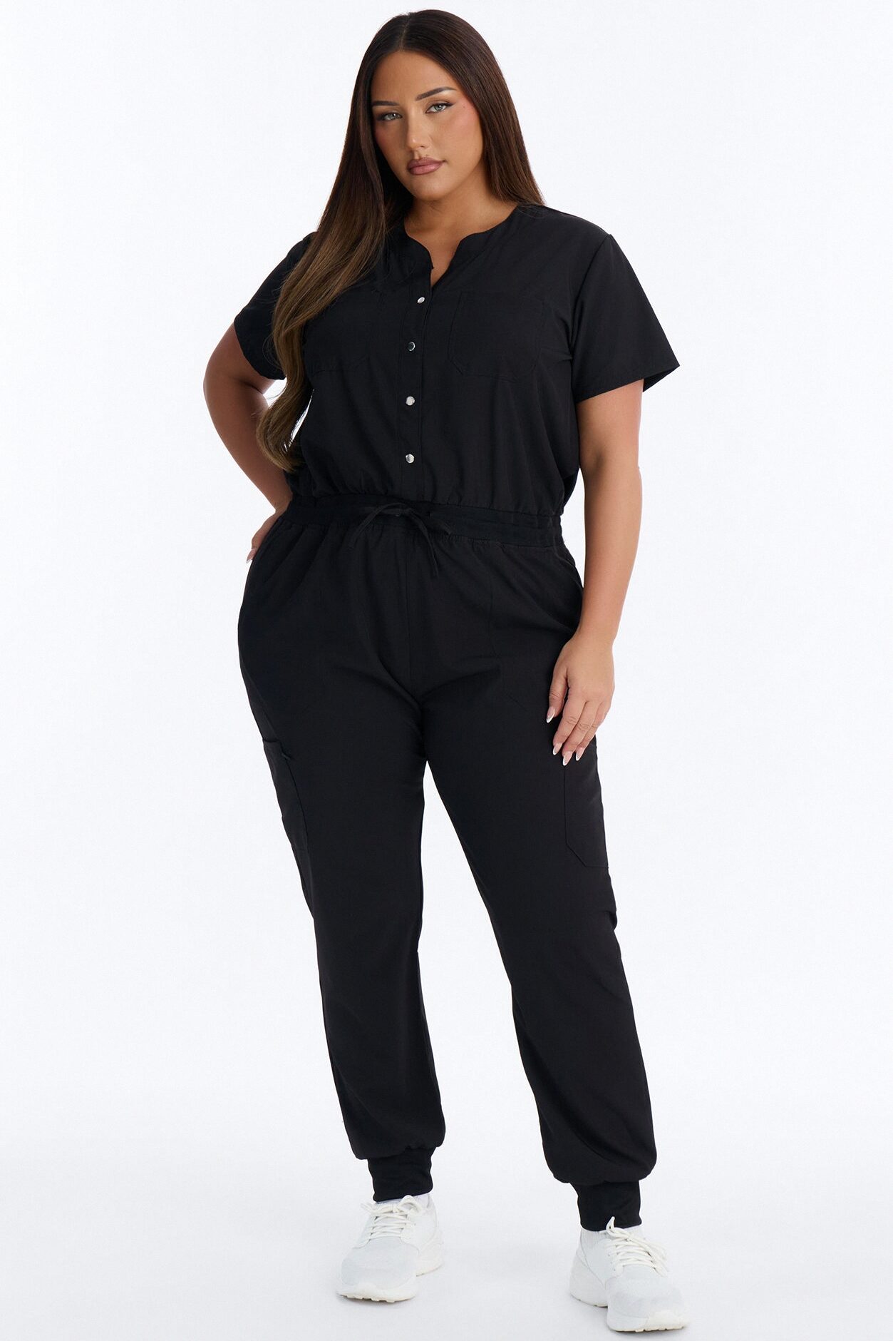 In Unison Uniform Jogger Scrub Jumpsuit With Snaps - Black