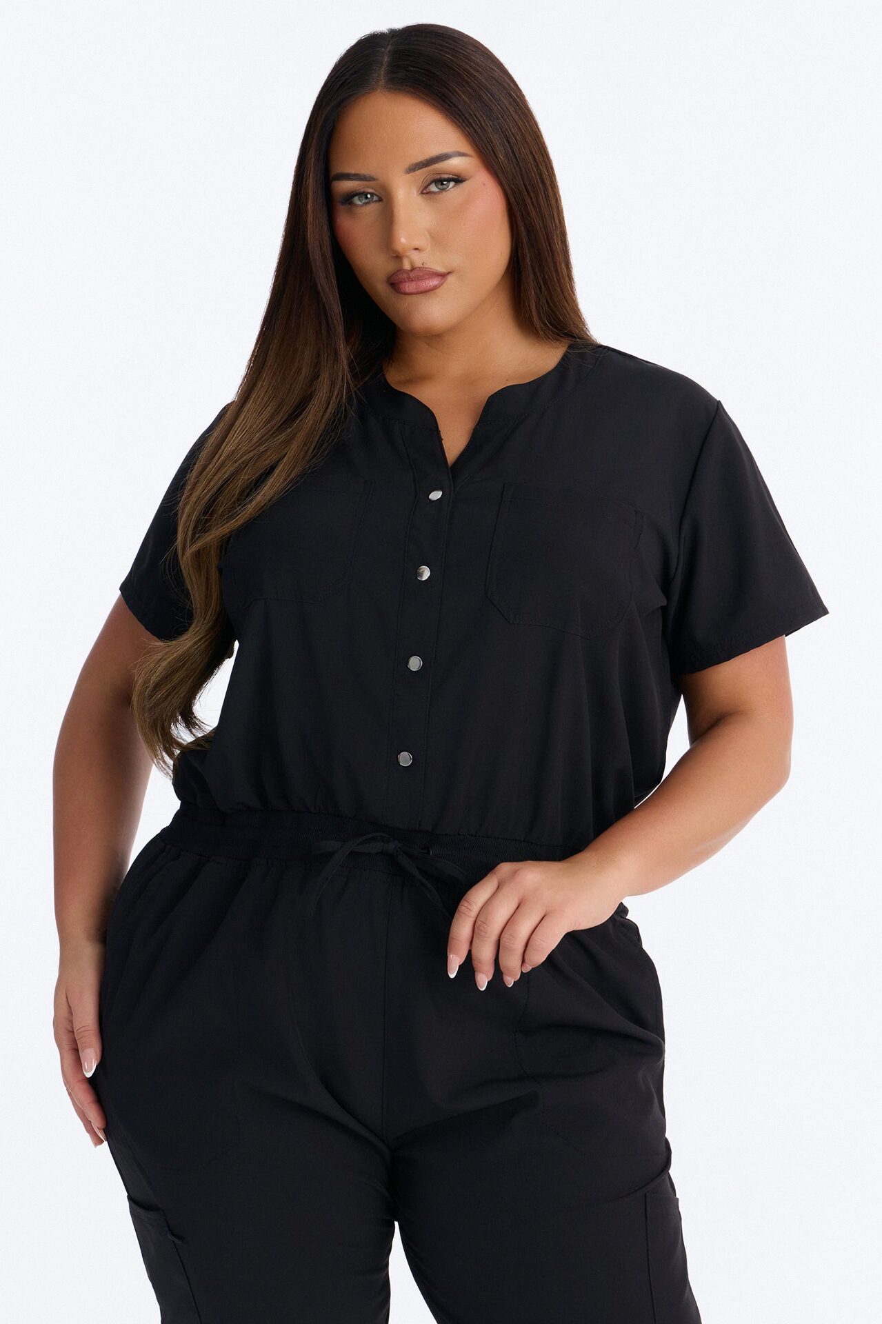 In Unison Uniform Jogger Scrub Jumpsuit With Snaps - Black