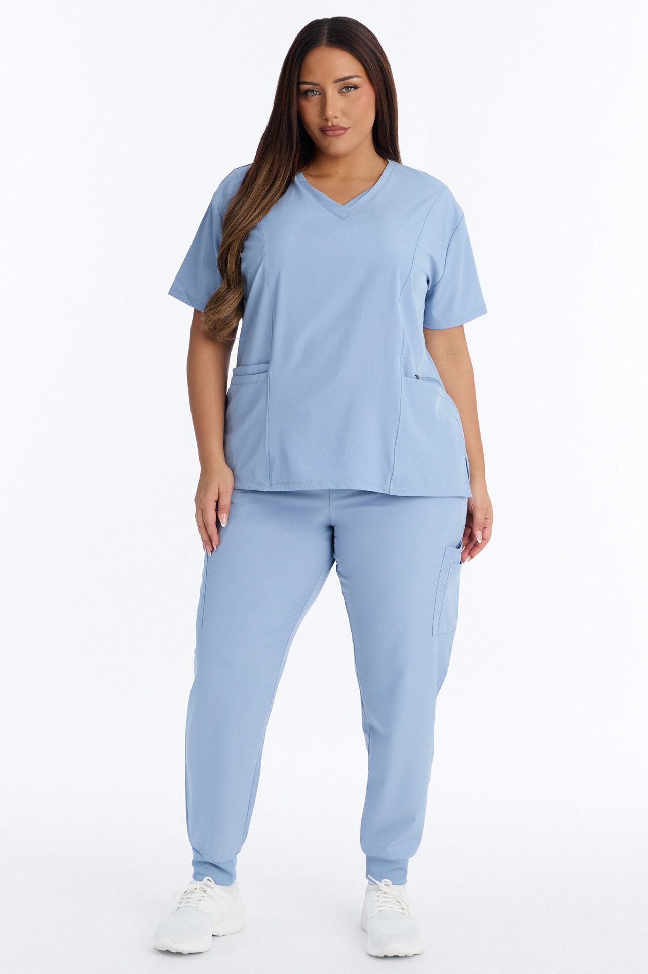 Clinical 4 Way Stretch Pocket Back Knit Jogger Scrub Set - Dusty Blue