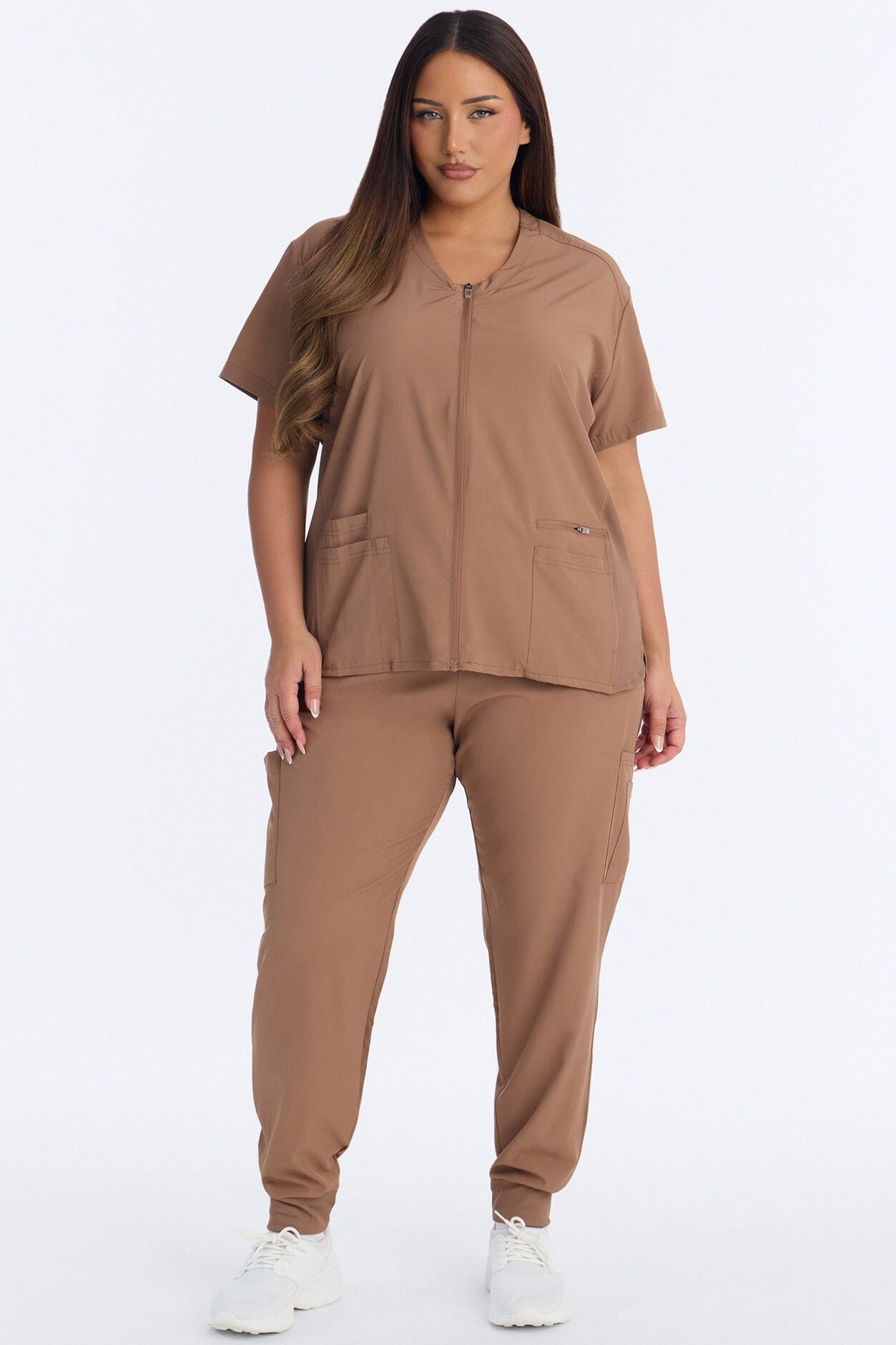 Vital 4 Way Stretch Front Zip Jogger Scrub Set - Mocha