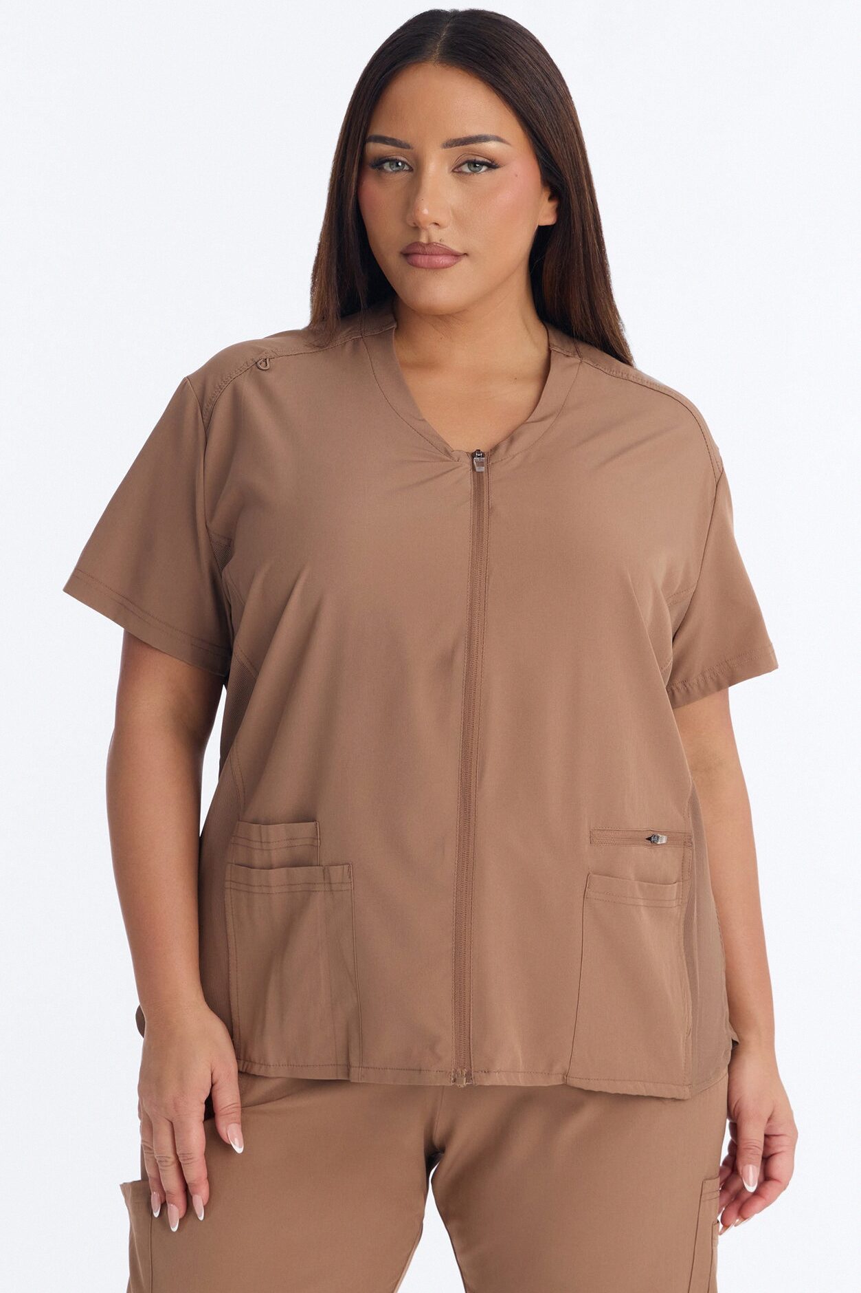 Vital 4 Way Stretch Front Zip Jogger Scrub Set - Mocha