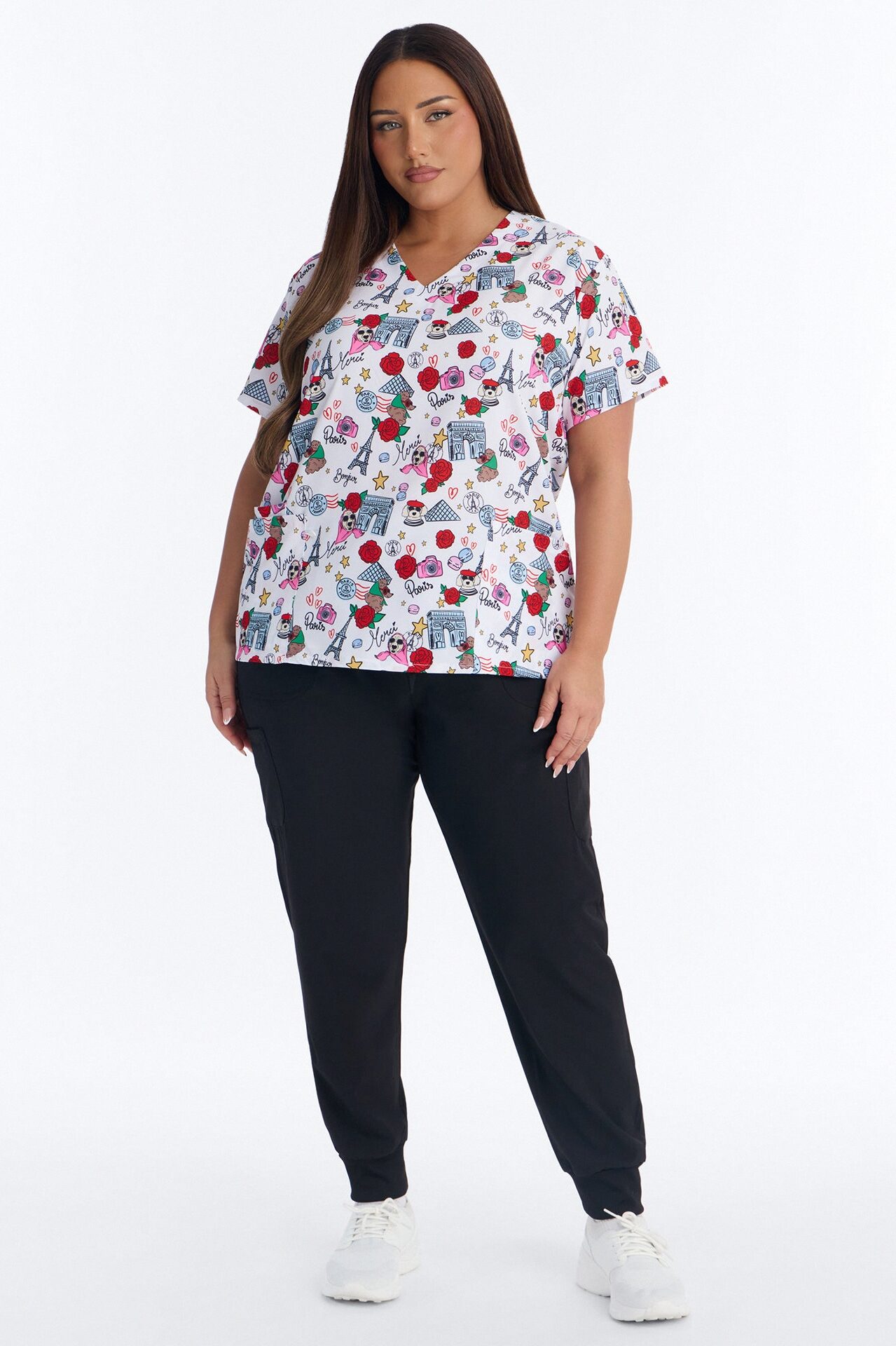 Bright Days 4 Way Stretch Printed Jogger Scrub Set - White/combo