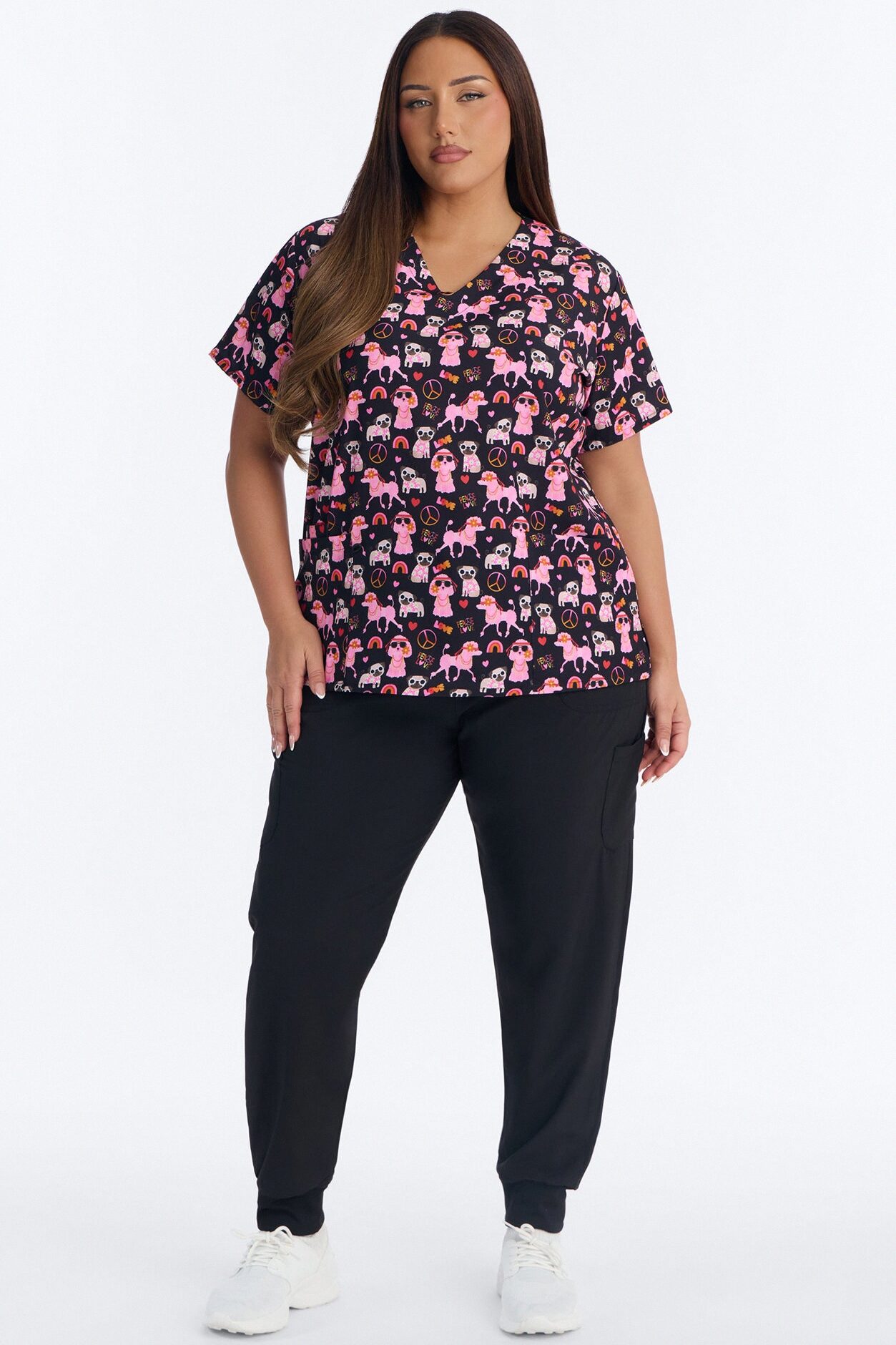 Bright Days 4 Way Stretch Printed Jogger Scrub Set - Black/Pink