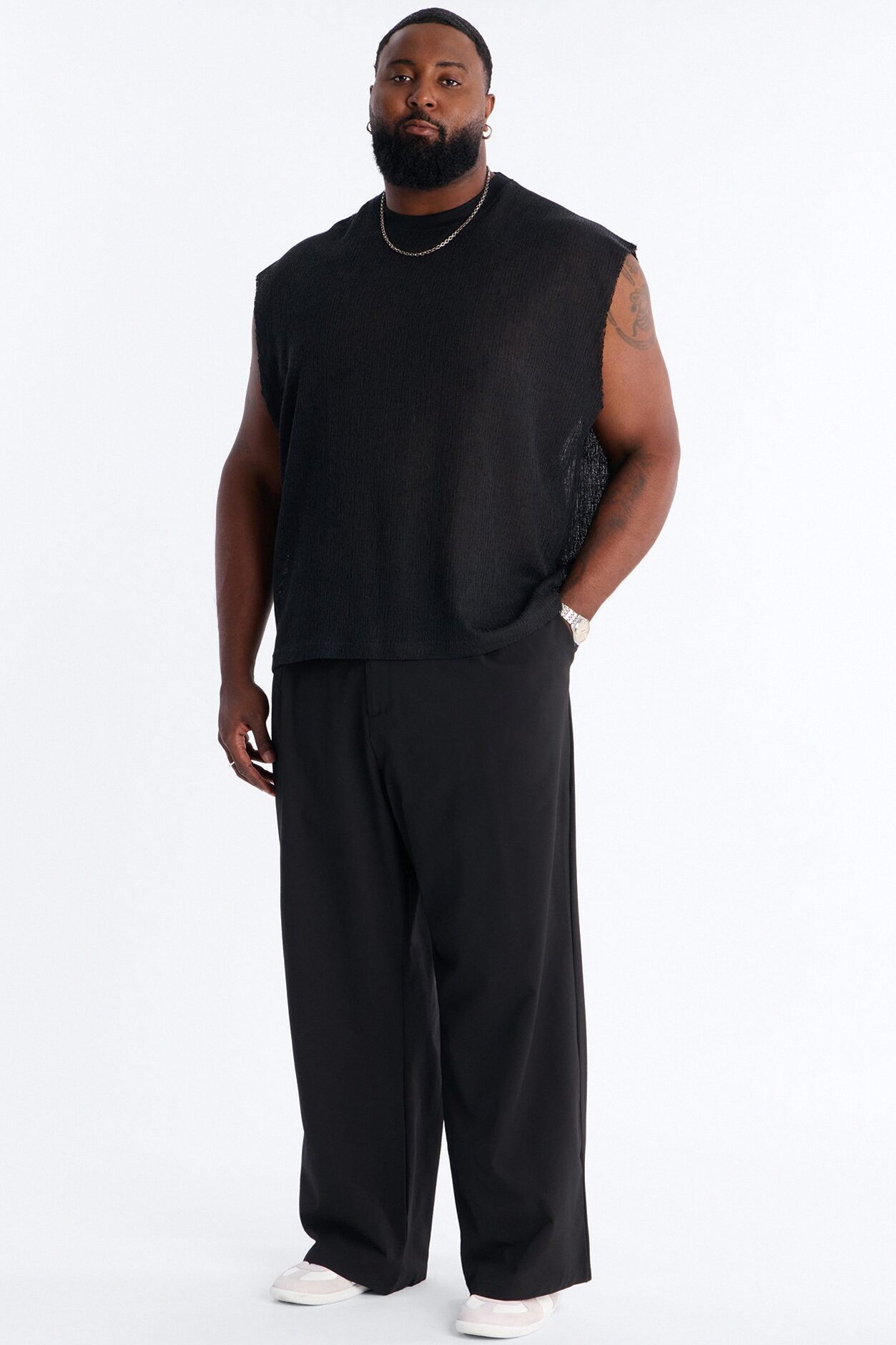 Wide Leg Textured Seersucker Trouser - Black