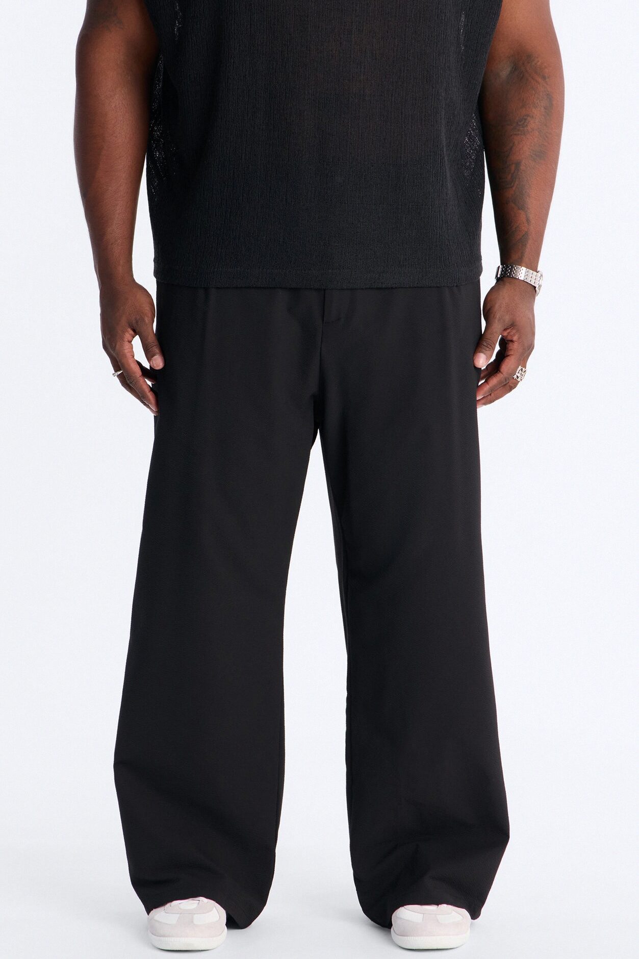 Wide Leg Textured Seersucker Trouser - Black