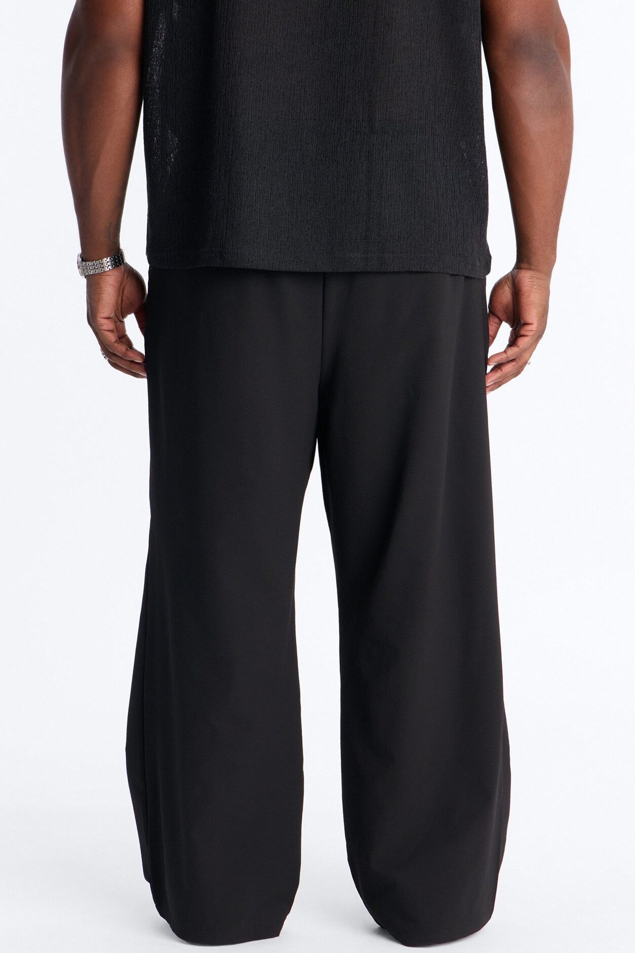Wide Leg Textured Seersucker Trouser - Black