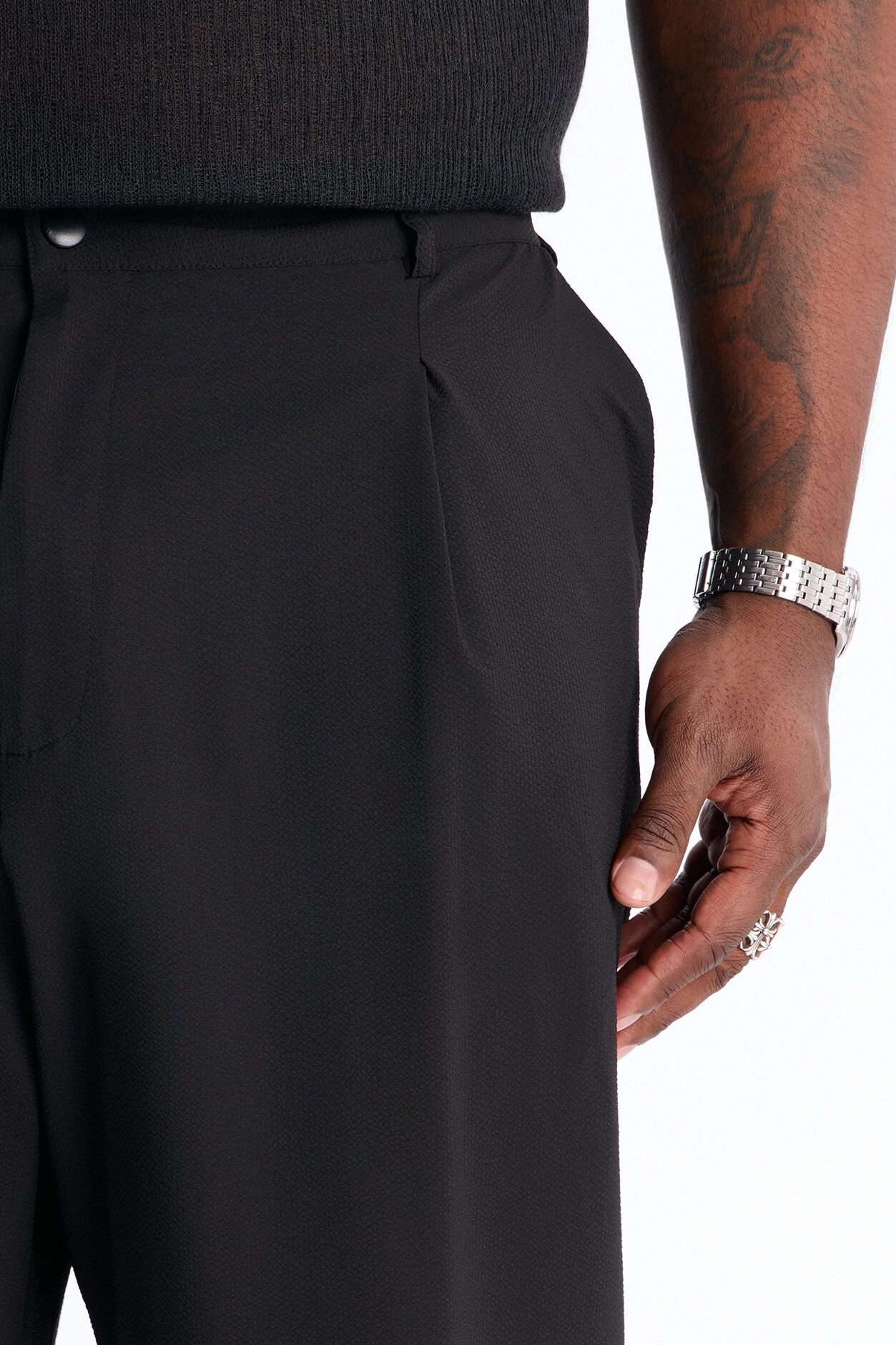 Wide Leg Textured Seersucker Trouser - Black