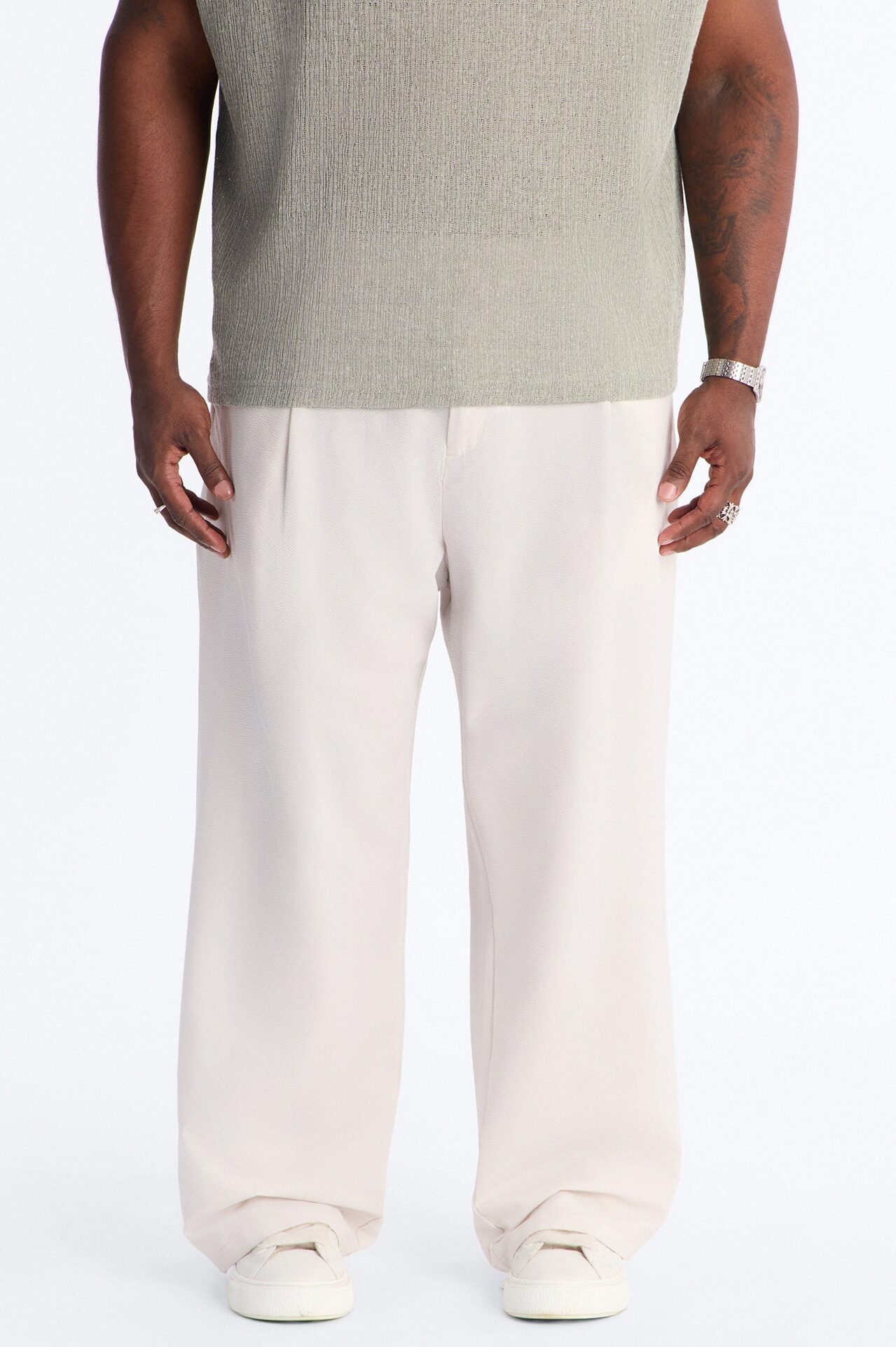 Wide Leg Textured Seersucker Trouser - Tan