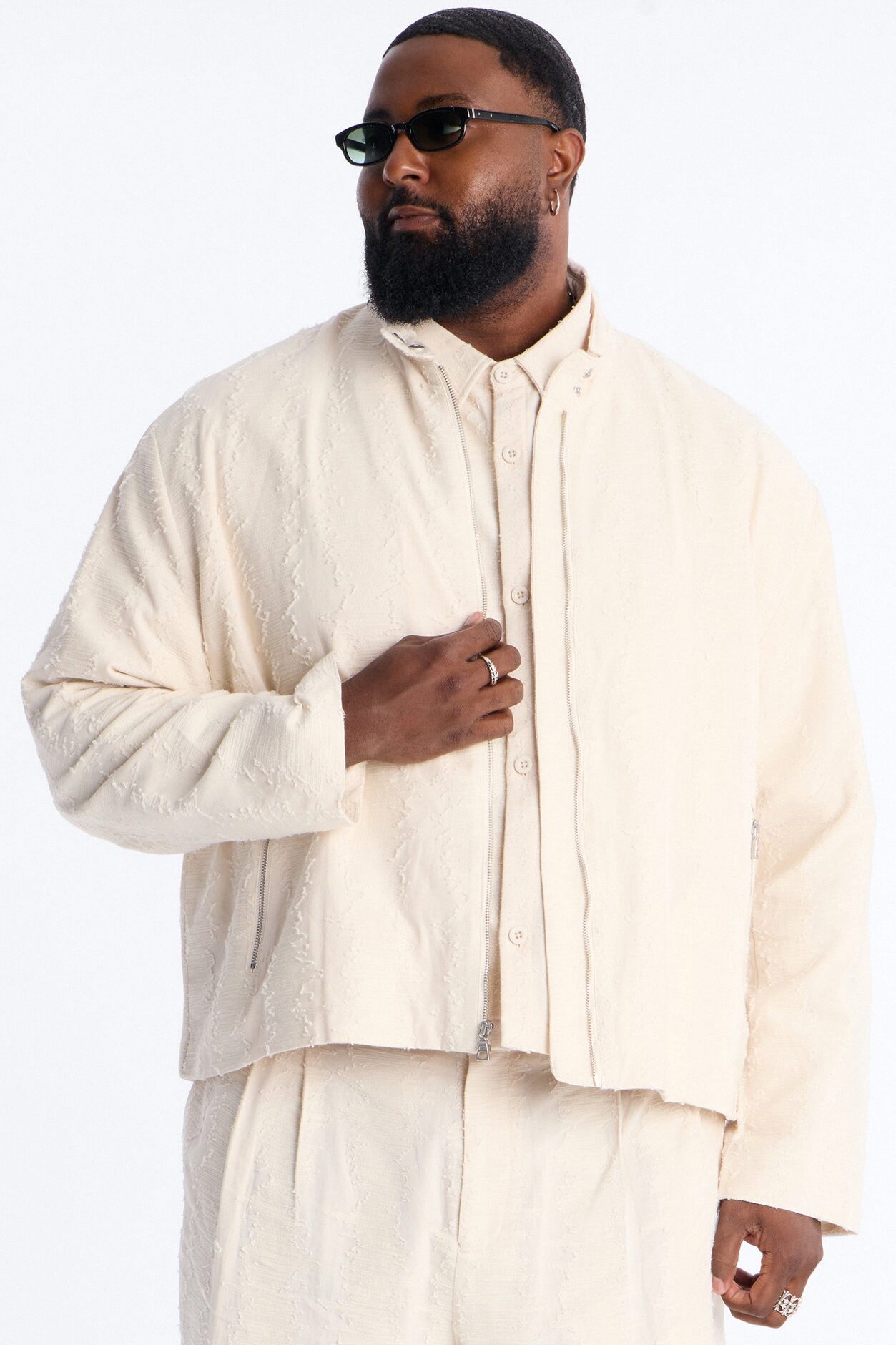 Relaxed Cropped Textured Distressed Linen Bomber Jacket - Oatmeal