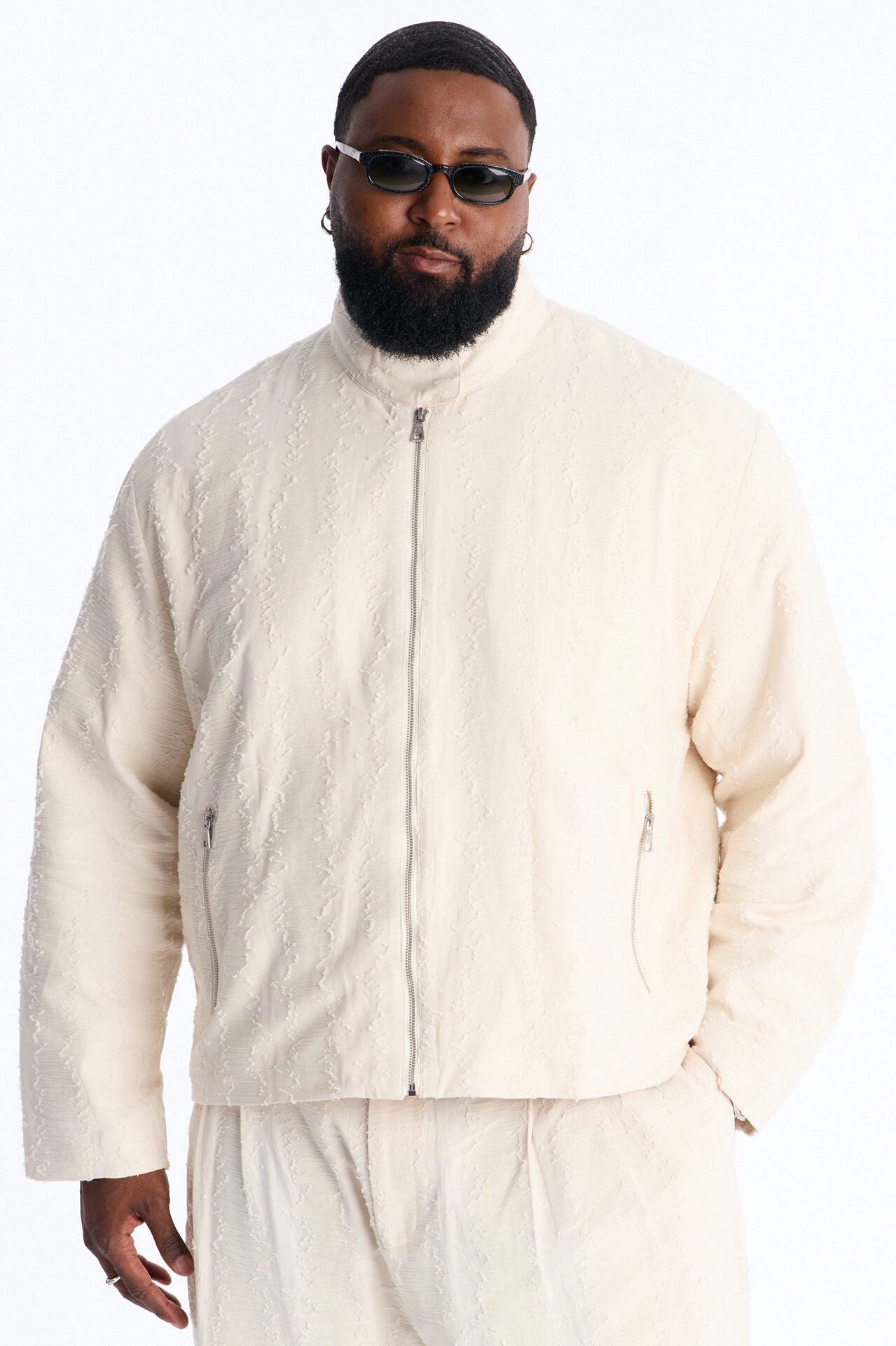Relaxed Cropped Textured Distressed Linen Bomber Jacket - Oatmeal