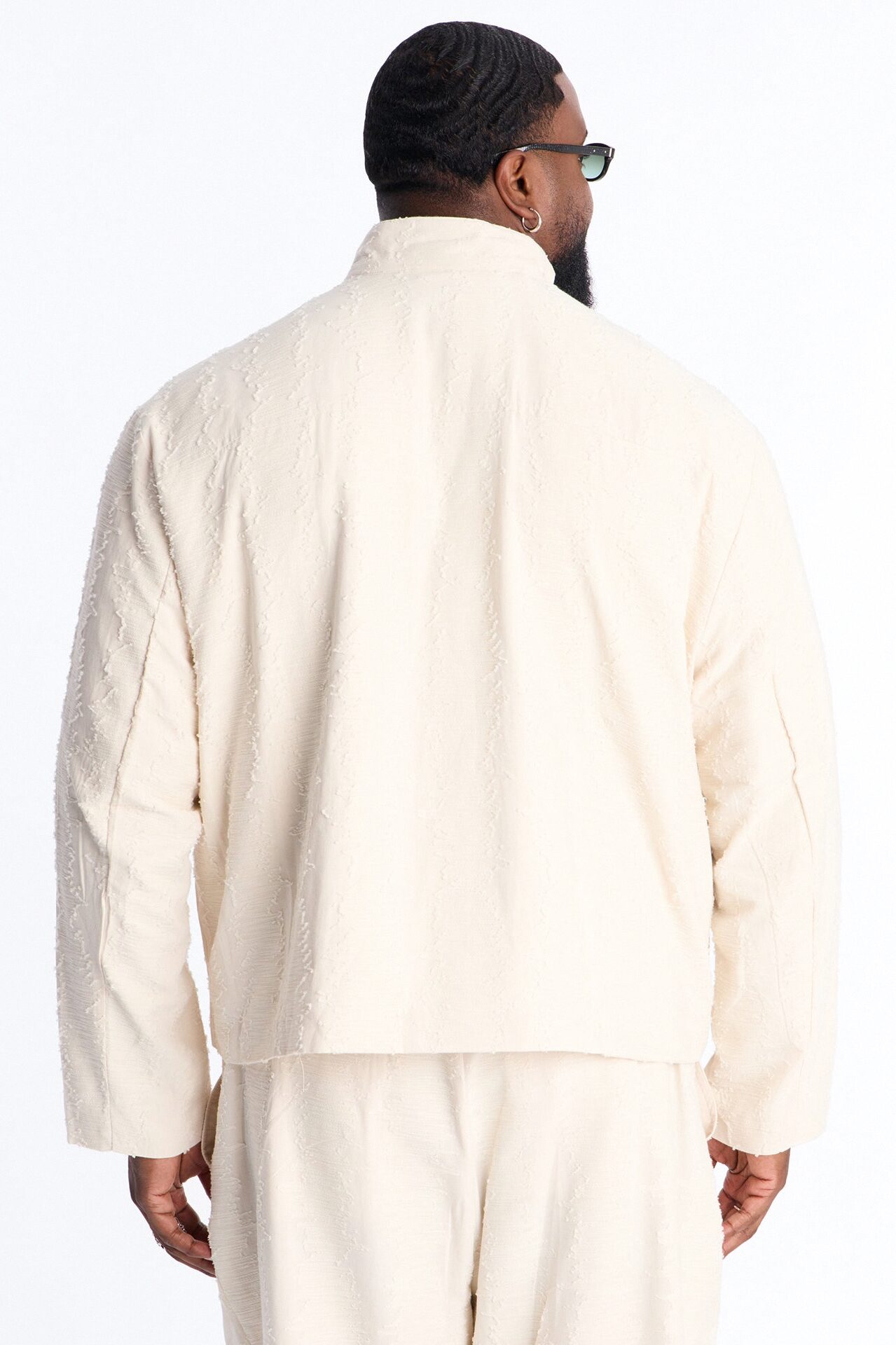 Relaxed Cropped Textured Distressed Linen Bomber Jacket - Oatmeal